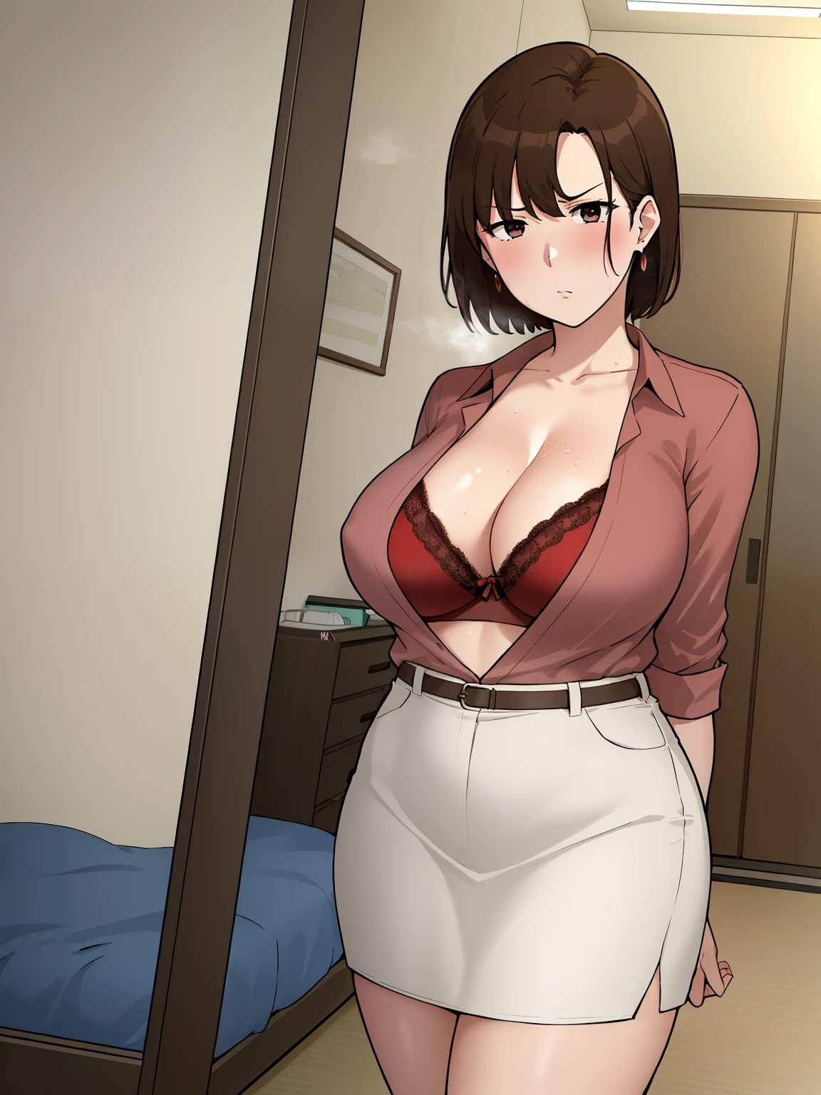 NTR Man, masterpiece, highest quality, ((1 girl)), mature woman, (heavy body)、office woman,open shirt、red bra、Work clothes,hip wrap skirt,white stockings,earrings、outdoors、sit、Arms behind your back、, brown hair, short hair, black eye , anger, ((close,)) ,, angry look, ((flushed)),embarrassing、Sweat、vapor、Bedroom