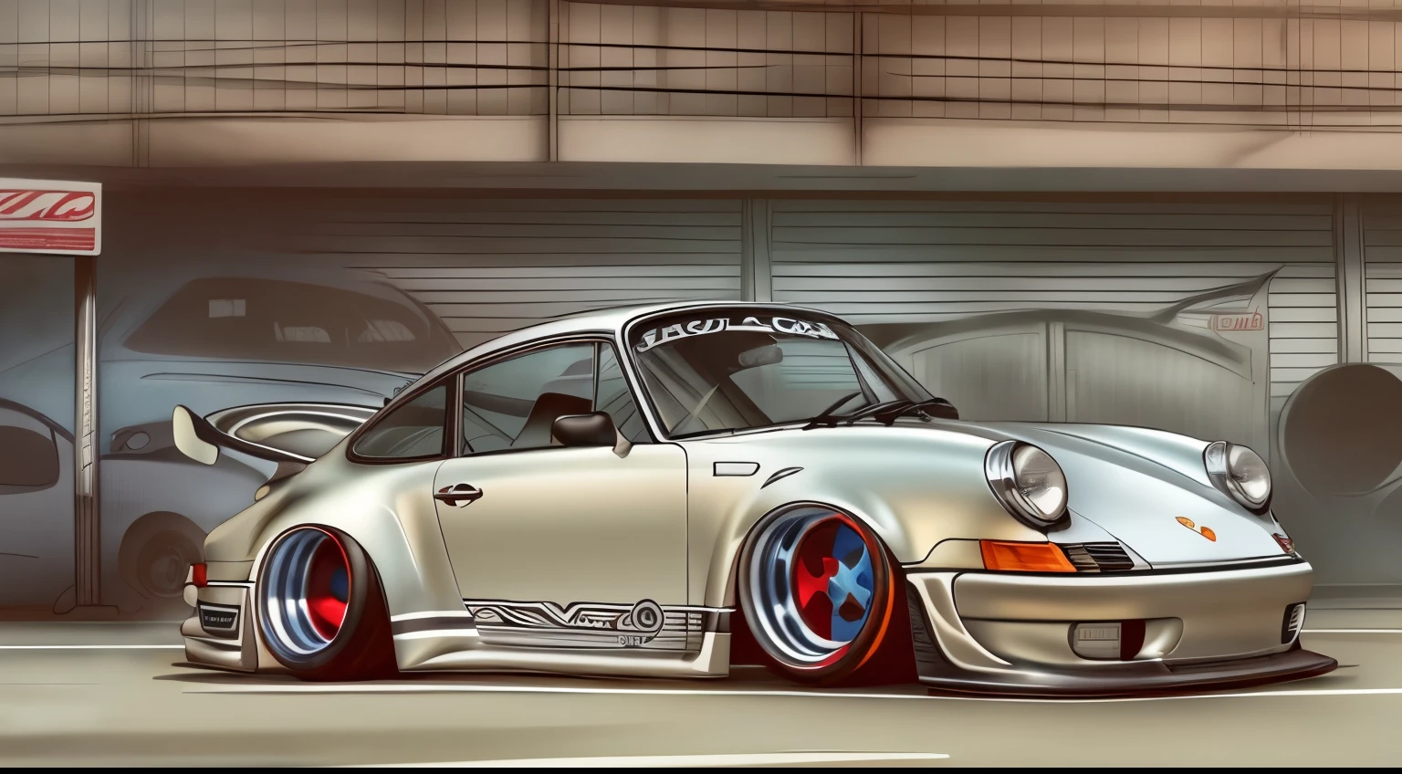 Porsche 911 rwb, wide body, sketch,
cartoonish, comic strip, Chip Foose car rendering, chrome wheels, bagged, slammed to the ground, empty parkinglot, style dessin manga, couleur