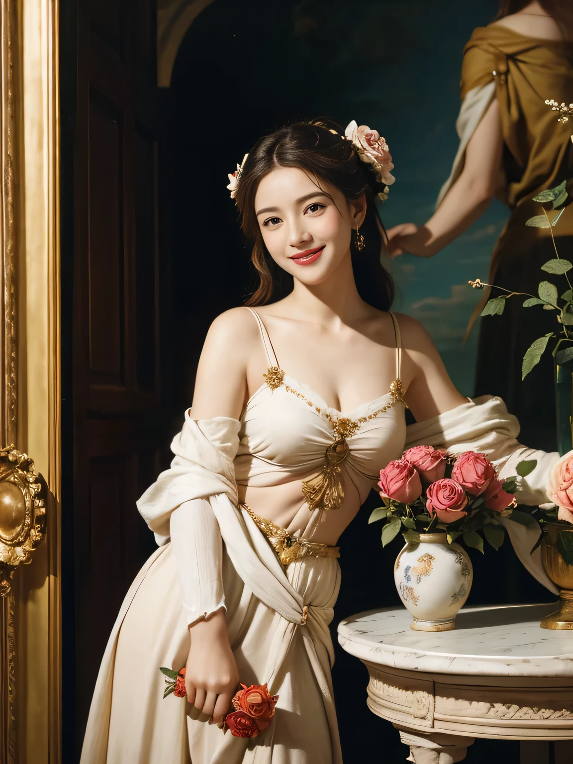 Raffaello Santi painting style,Arguments of two female 、roses in vase、fruits、Cute trinkets、smile、ancient greek costume、Woman standing on ancient Roman ruins ,A big smileare skin,