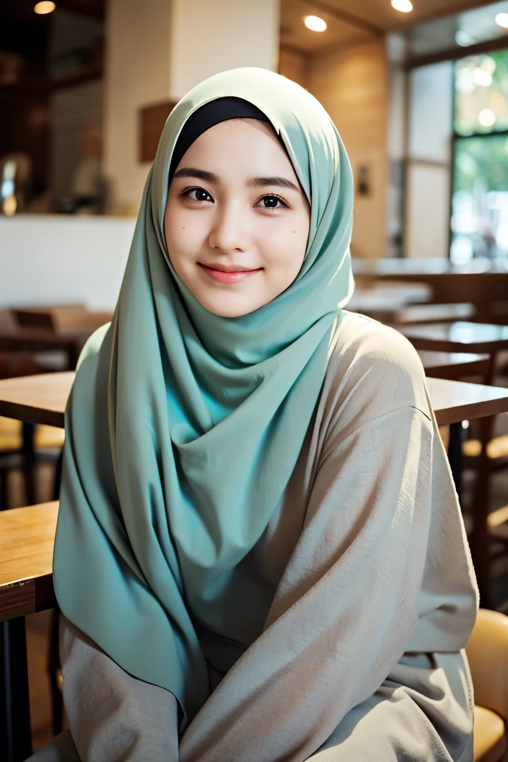((best quality)), ((masterpiece)), perfect face, sits in cafe, indonesia, hijab, sharp nose, smile