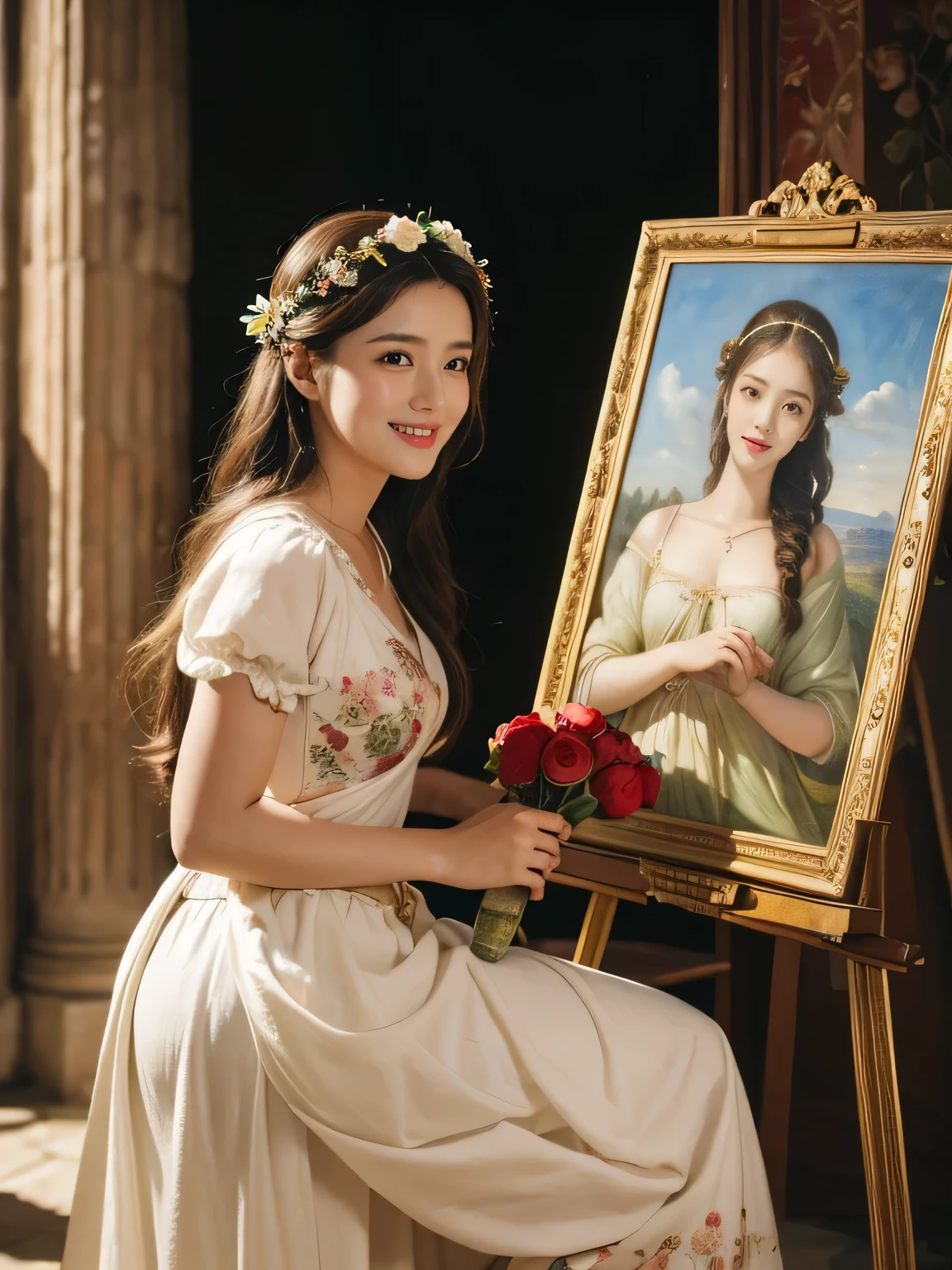 Raffaello Santi painting style,Arguments of two female 、roses in vase、fruits、Cute trinkets、smile、ancient greek costume、Woman standing on ancient Roman ruins ,A big smileare skin,