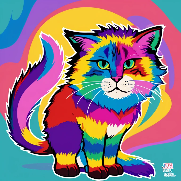Pixel art，Cat，anger，the background is magnificent，Colorful fur，bold color pattern，One animal，miracle，future map