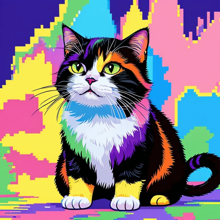 Pixel art，Cat，anger，the background is magnificent，Colorful fur，bold color pattern，One animal，miracle，future map