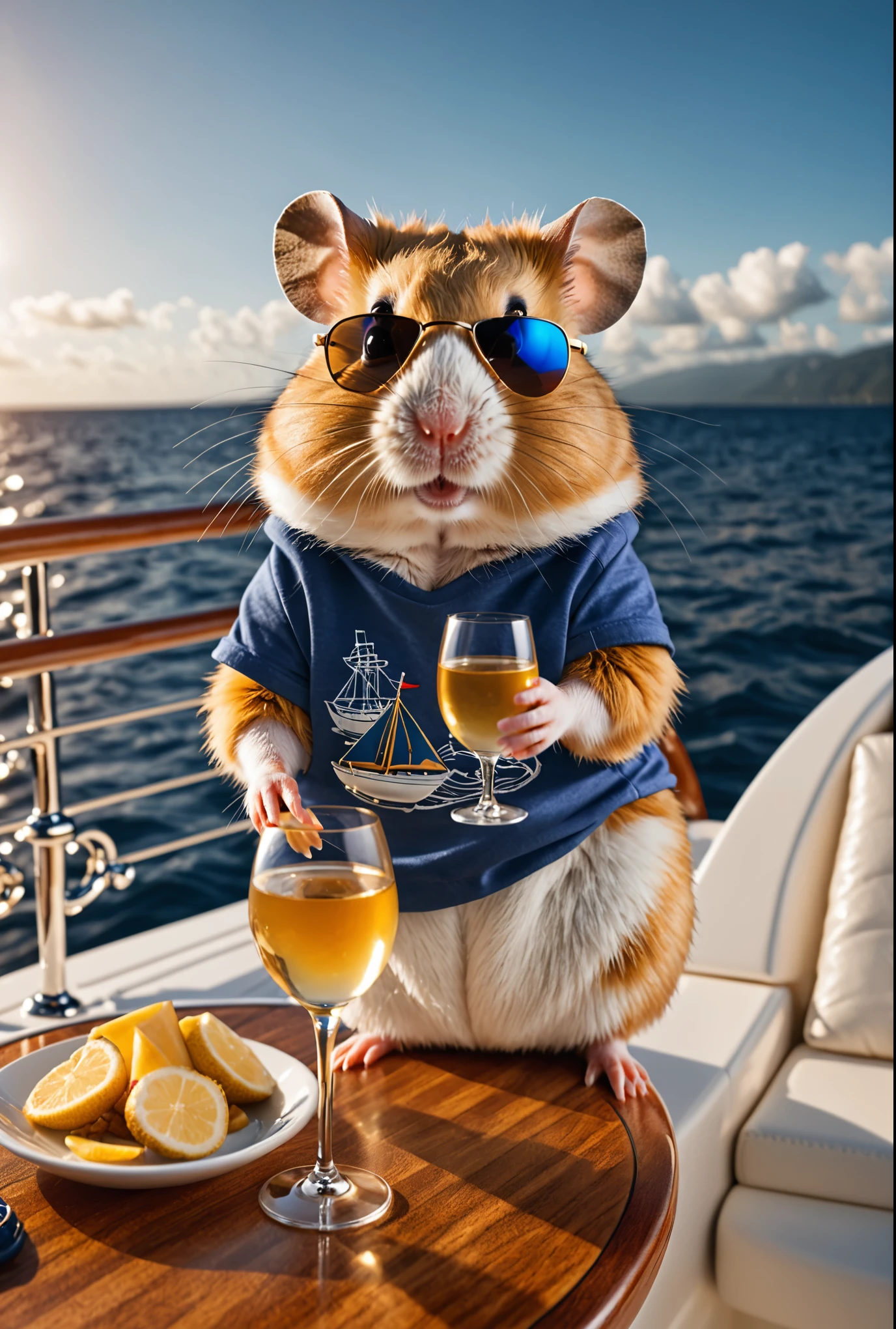 photorealistic cute hamster,on expensive yacht in a deep ocean,drinking champain,wearing blue modern tshirt,Wearing an expensive golden watch and expensive sunglasses,