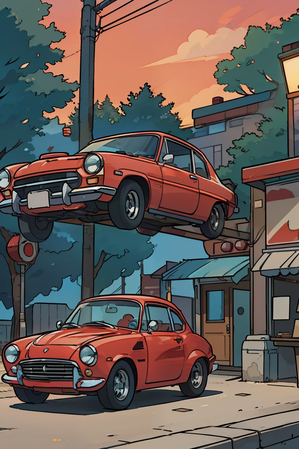 Clay 3D model of a red car sitting in front of a high-quality, high-definition auto repair shop with intensive blue technology sensibilities. The scene is set against a city background, where a blue sky peeks through the trees and a streetlight illuminates the area. A close-up view reveals intricately detailed auto parts spread out on a table, showcasing the highest detail and smooth luster. The gradient color palette adds a charming and lovely touch to the cartoon-style illustration. The 12K resolution enhances the sharp focus on the red car and the vivid, smooth lines that define every curve and contour of the vehicle and the shop surroundings.

[three girls