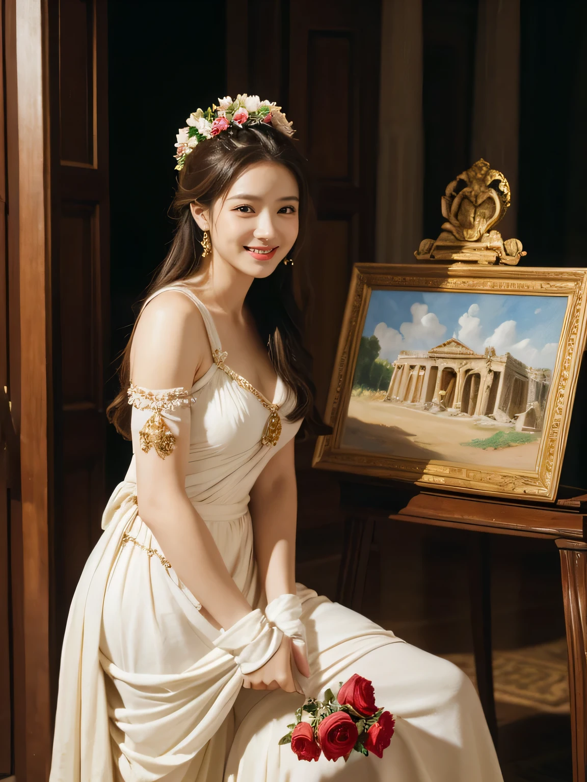 Raffaello Santi painting style,Arguments of two female 、roses in vase、fruits、Cute trinkets、smile、ancient greek costume、Woman standing on ancient Roman ruins ,A big smileare skin,