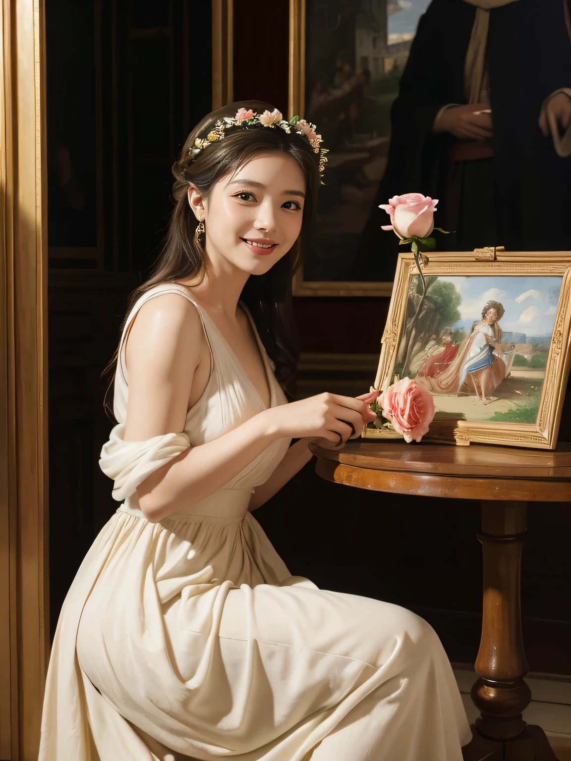 Raffaello Santi painting style,Arguments of two female 、roses in vase、fruits、Cute trinkets、smile、ancient greek costume、Woman standing on ancient Roman ruins ,A big smileare skin,