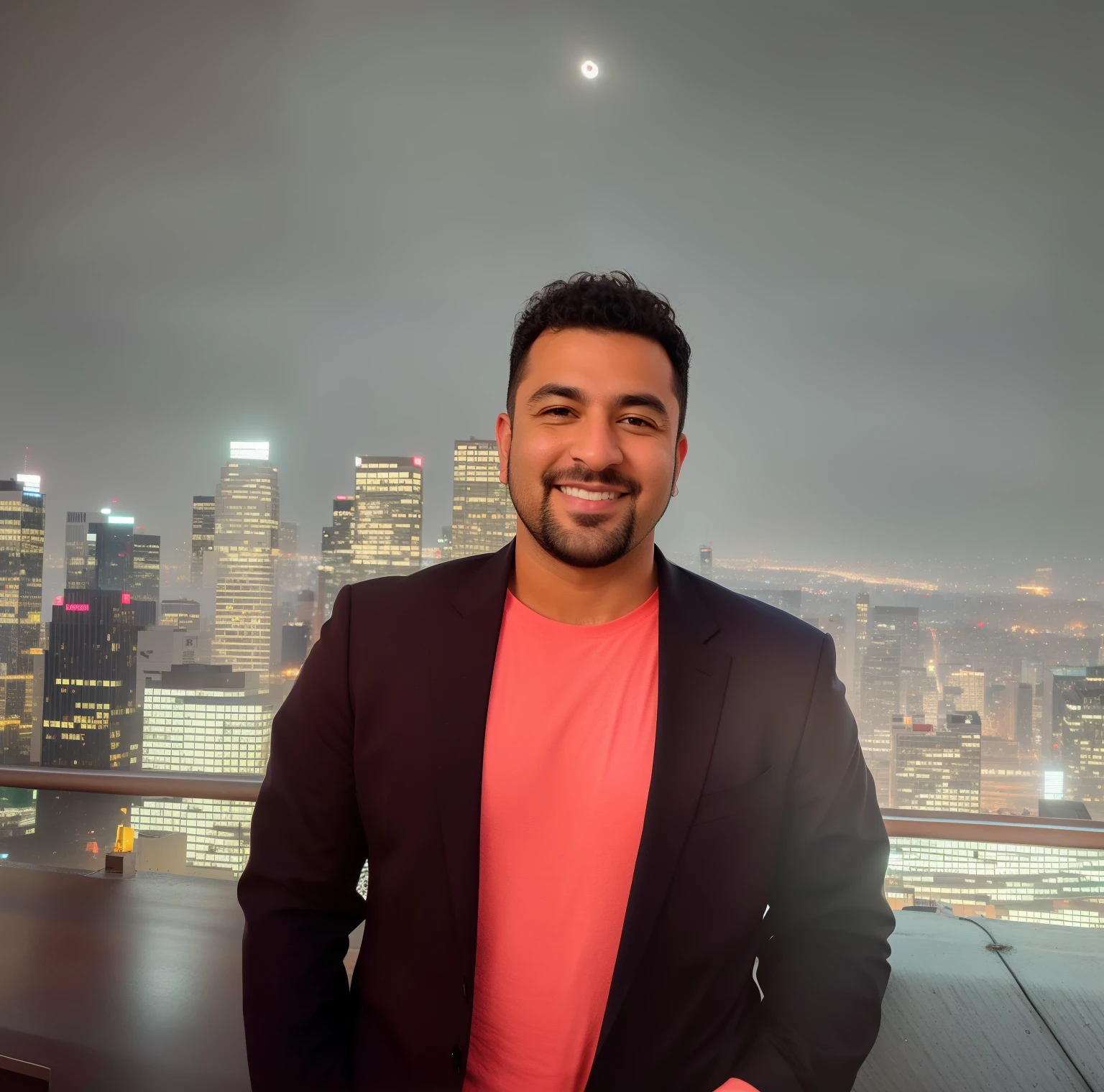 arafed man standing in front of a city skyline at night with his wife and two kids, at future neon light rooftop, city in the background, photo taken in 2 0 2 0, with a city in the background, city in background, profile picture 1024px, professional profile picture, city skyline in the background, in front of a sci fi cityscape, headshot profile picture