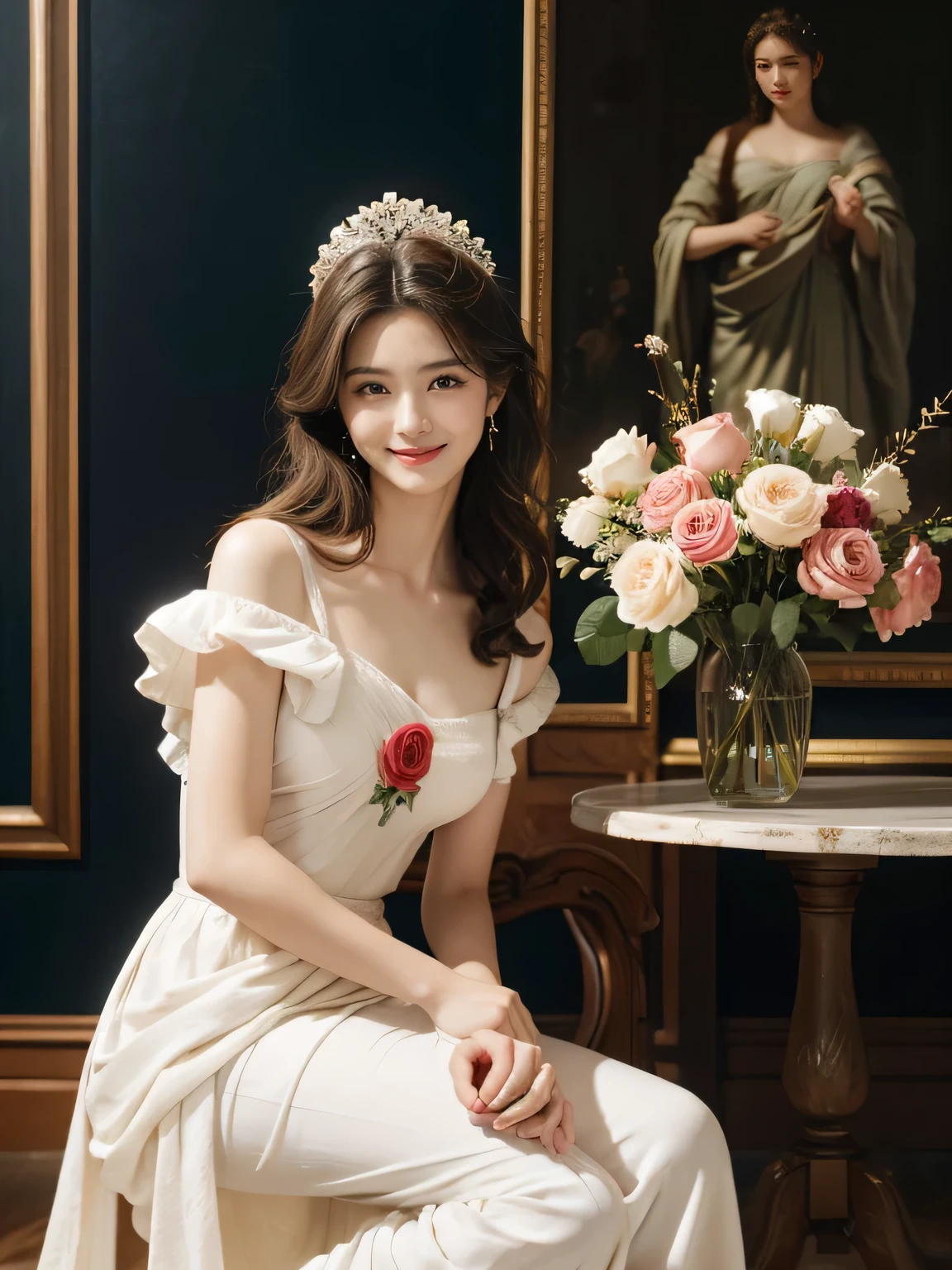 Raffaello Santi painting style,Arguments of two female 、roses in vase、fruits、Cute trinkets、smile、ancient greek costume、Woman standing on ancient Roman ruins ,A big smileare skin,