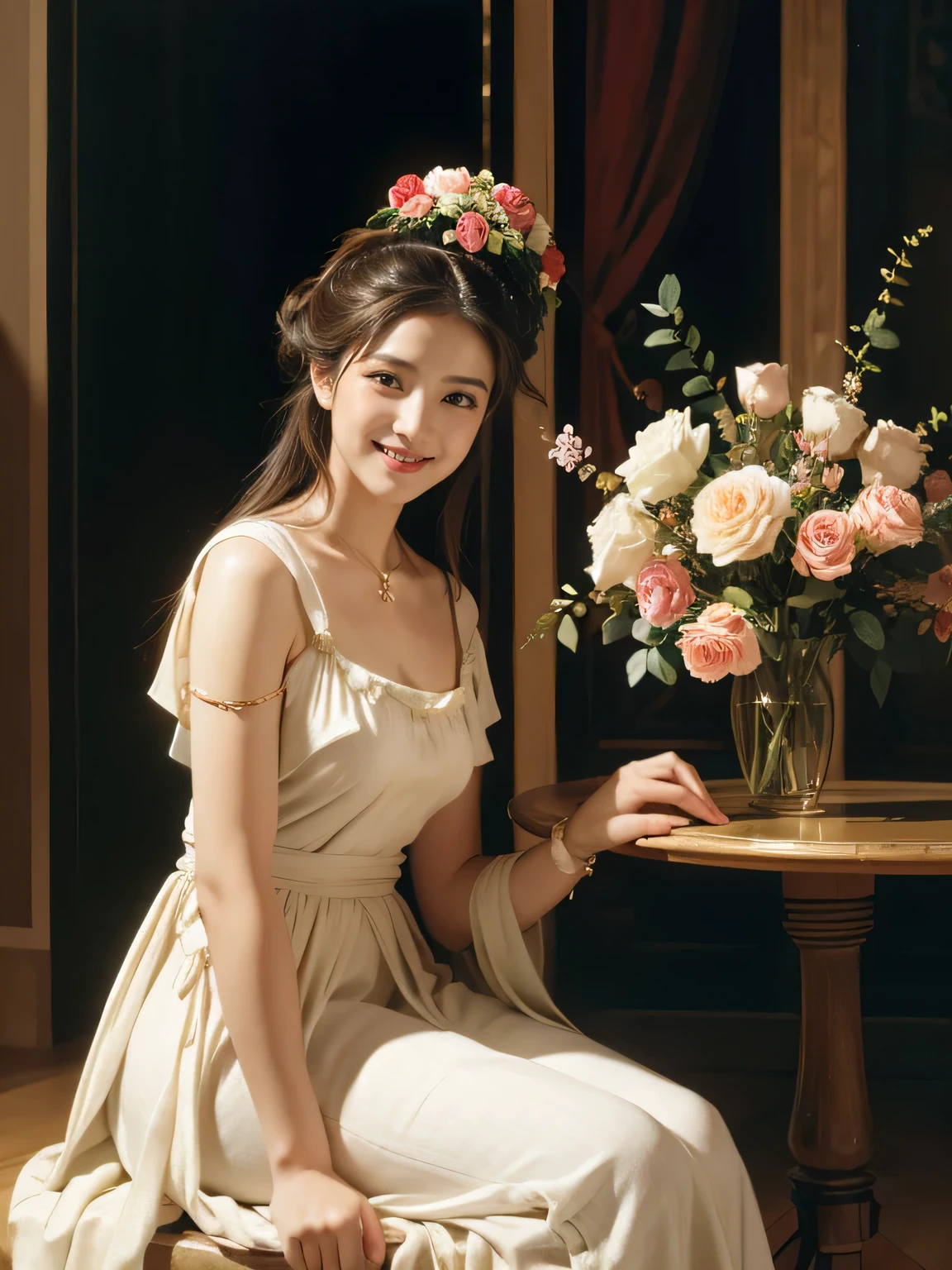 Raffaello Santi painting style,Arguments of two female 、roses in vase、fruits、Cute trinkets、smile、ancient greek costume、Woman standing on ancient Roman ruins ,A big smileare skin,