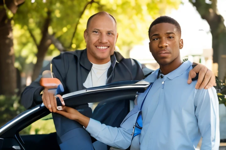 African American father and son, turn the son into a lie eyed blonde Caucasian boy and the father into a white balding Caucasian man with blue eyes