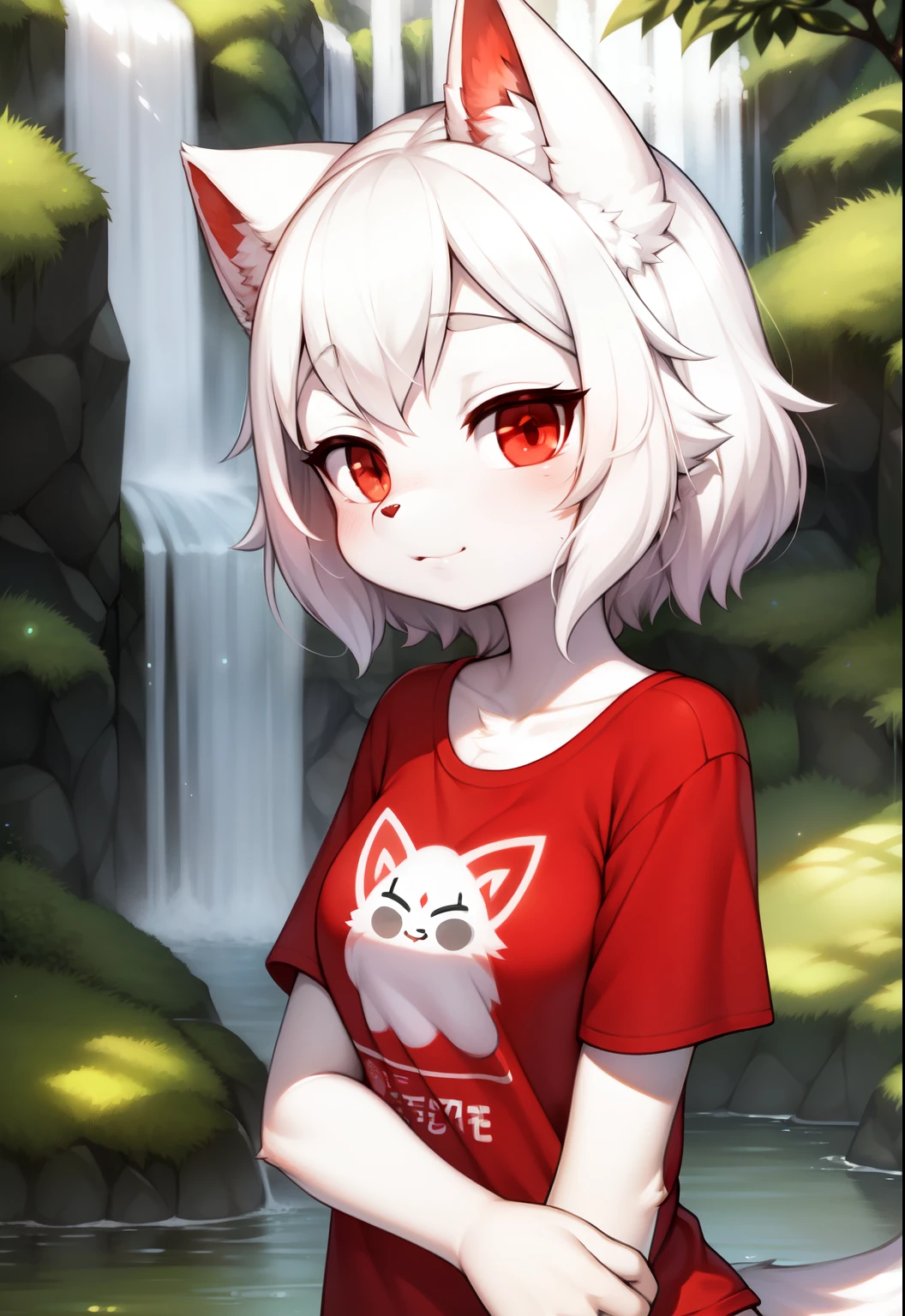 hairy, white fur, super cute face, red elements on fur, Luminous T-shirt, beautiful light and shadow, ambient light, Super fine fur, Volumetric light,Under the waterfall