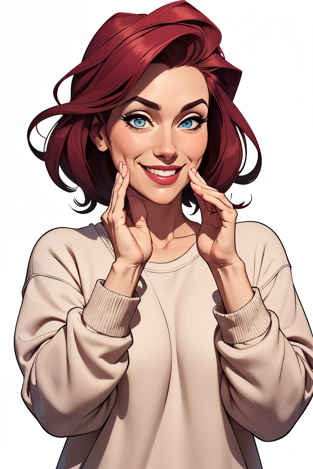 (estilo de desenho animado:1.2),  [(beatiful middle aged women]) desenho de wearing a loose oversized sweatshirt, grande sorriso, olhos perfeitos, rosto detalhado, fundo de festa, pose divertida, olhar sedutor, confete, simple white background 