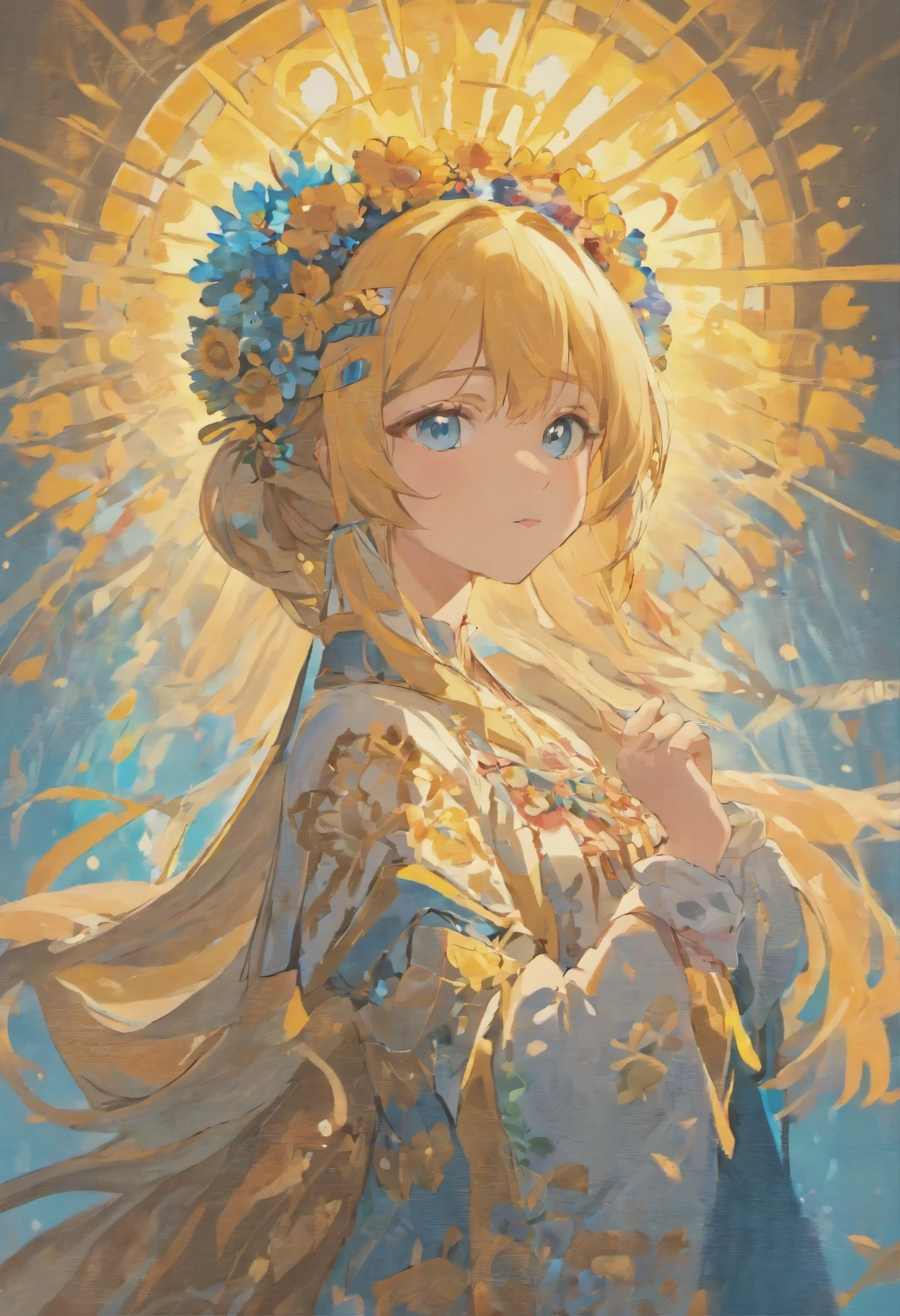 20 years old woman wearing ukrainian costume with flower crown and garland on head with blue eyes river and blue sky background afternoon light sunset realistic illustration
