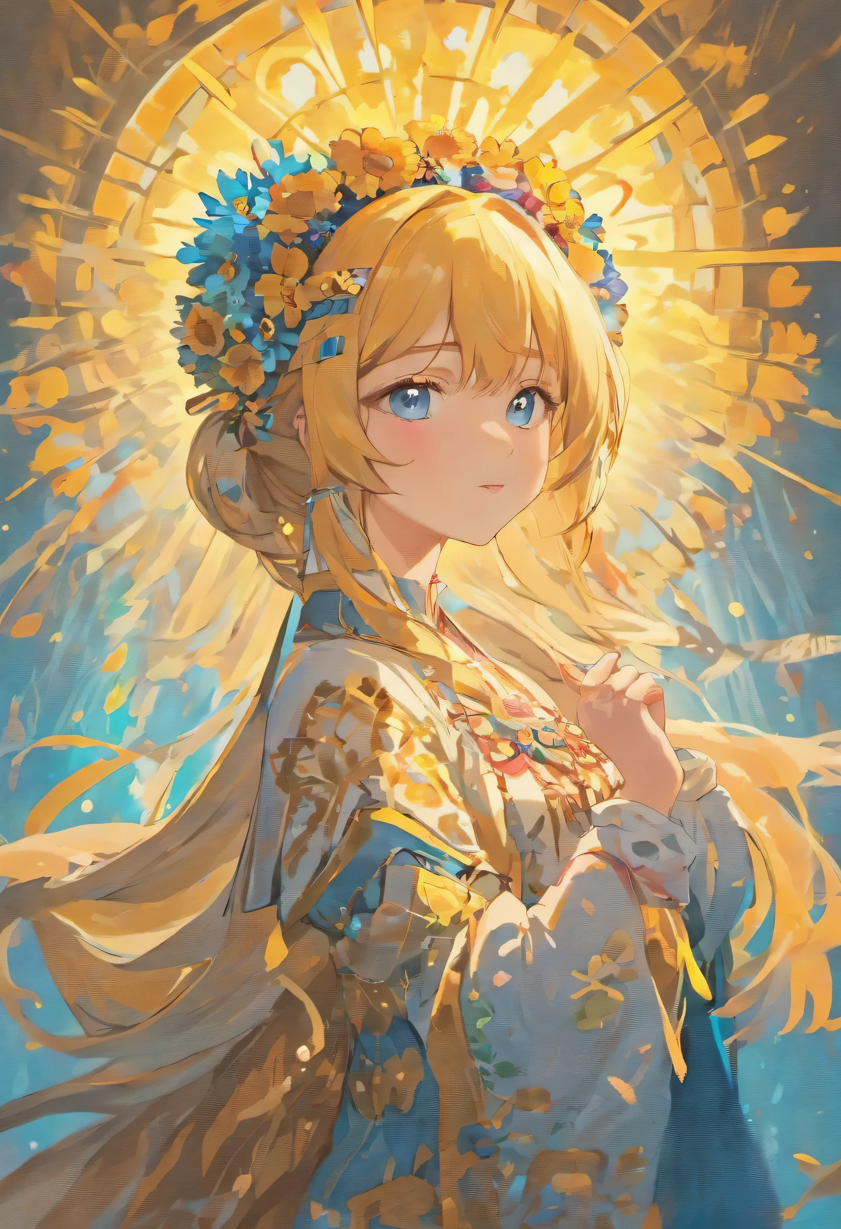 20 year old woman wearing ukrainian clothing，Wearing flower crowns and garlands，Realistic illustration of blue eyes river and blue sky background afternoon light sunset
