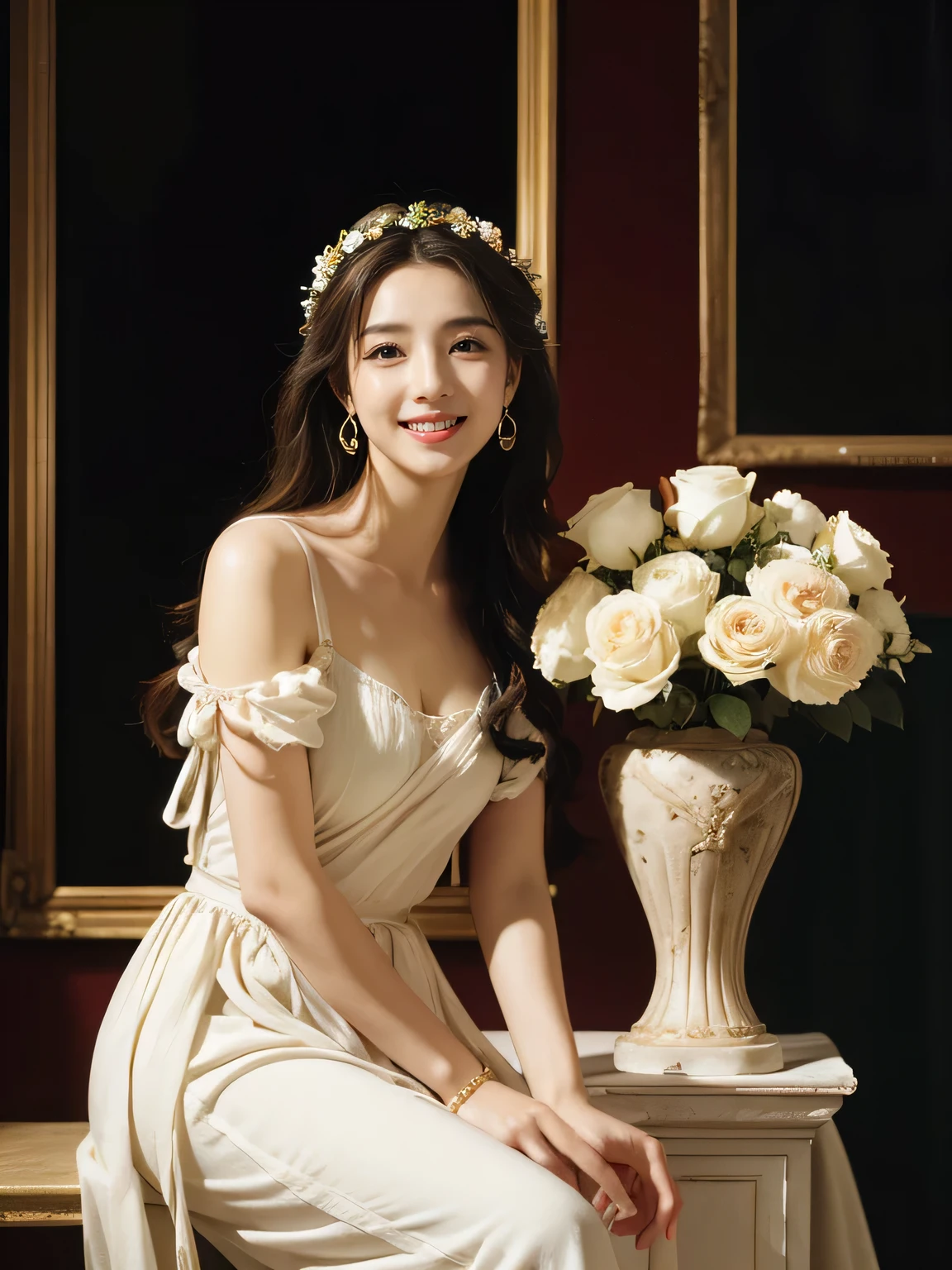 Raffaello Santi painting style,Arguments of two female 、roses in vase、fruits、Cute trinkets、smile、ancient greek costume、Woman standing on ancient Roman ruins ,A big smileare skin,
