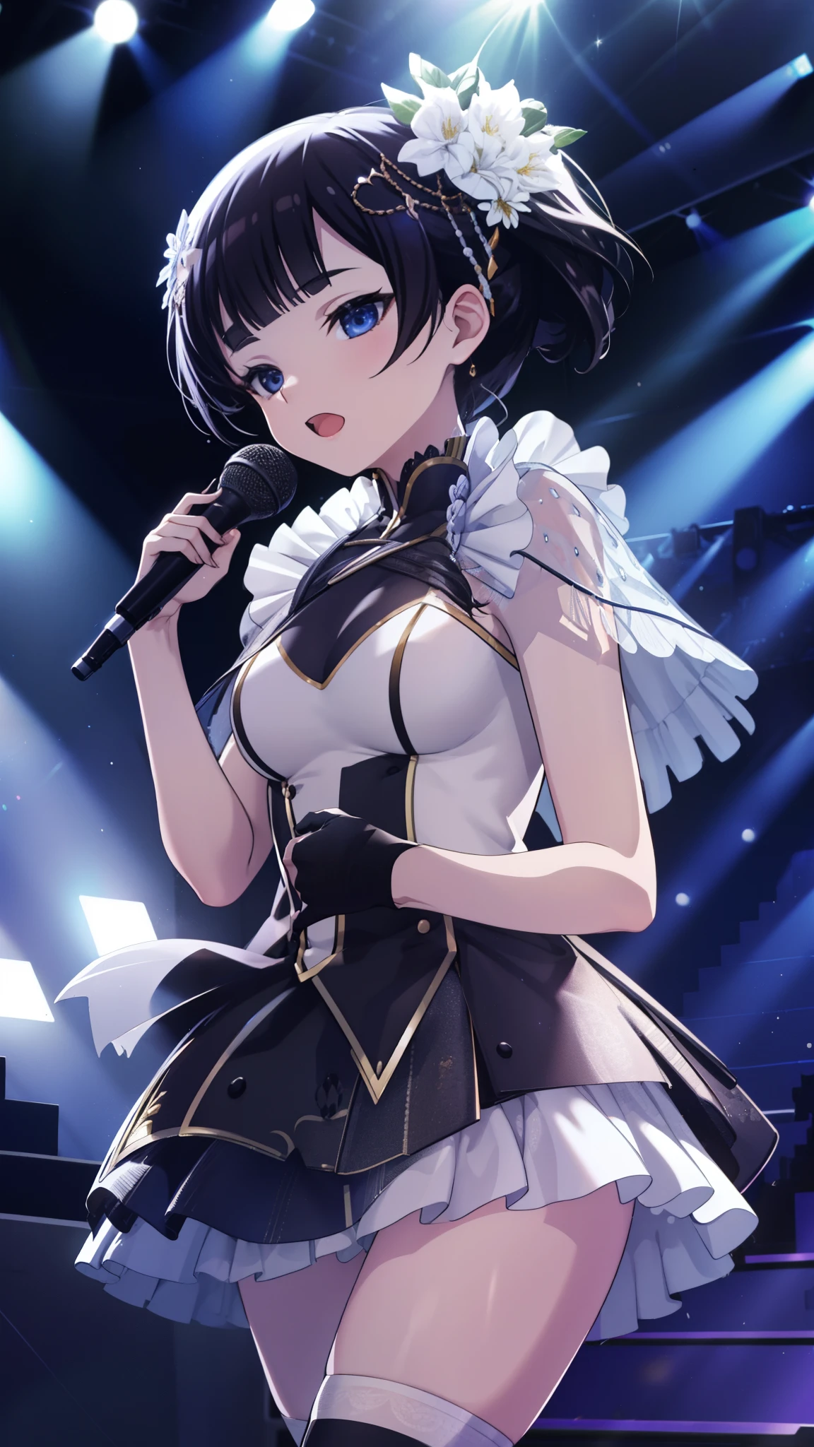 masterpiece, best quality, absurdres , perfect anatomy , idol costume, Live venue ,live stage , microphone ,spot light , singing ,black hair
