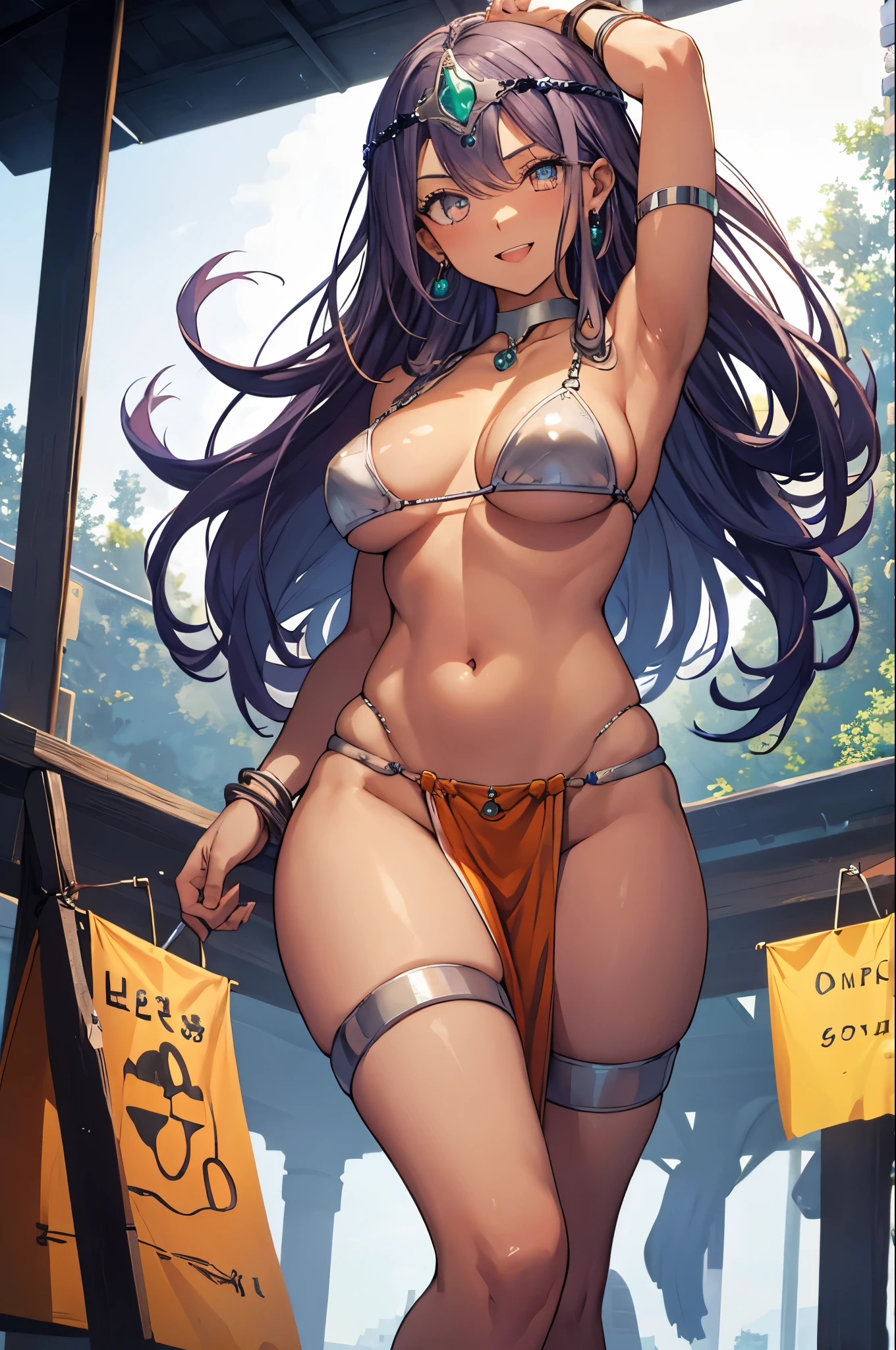 looking at the viewer, cowboy shot,dqManya, circlet, earrings, choker, bracelet, armlet, bikini, loincloth,(large breasts),(curvy),smile,open mouth,sweat,standing on one leg,(acrobatic pose),dancing,sex appeal,top-quality,Top image quality,perfect anatomy,masterpiece,ultra-detailliert,Beautiful,ultra-quality, best quality,high resolution, ultra-detailed,game cg,dutch angle ,beautiful detailed eyes,visualart,five fingers, perfect hands,