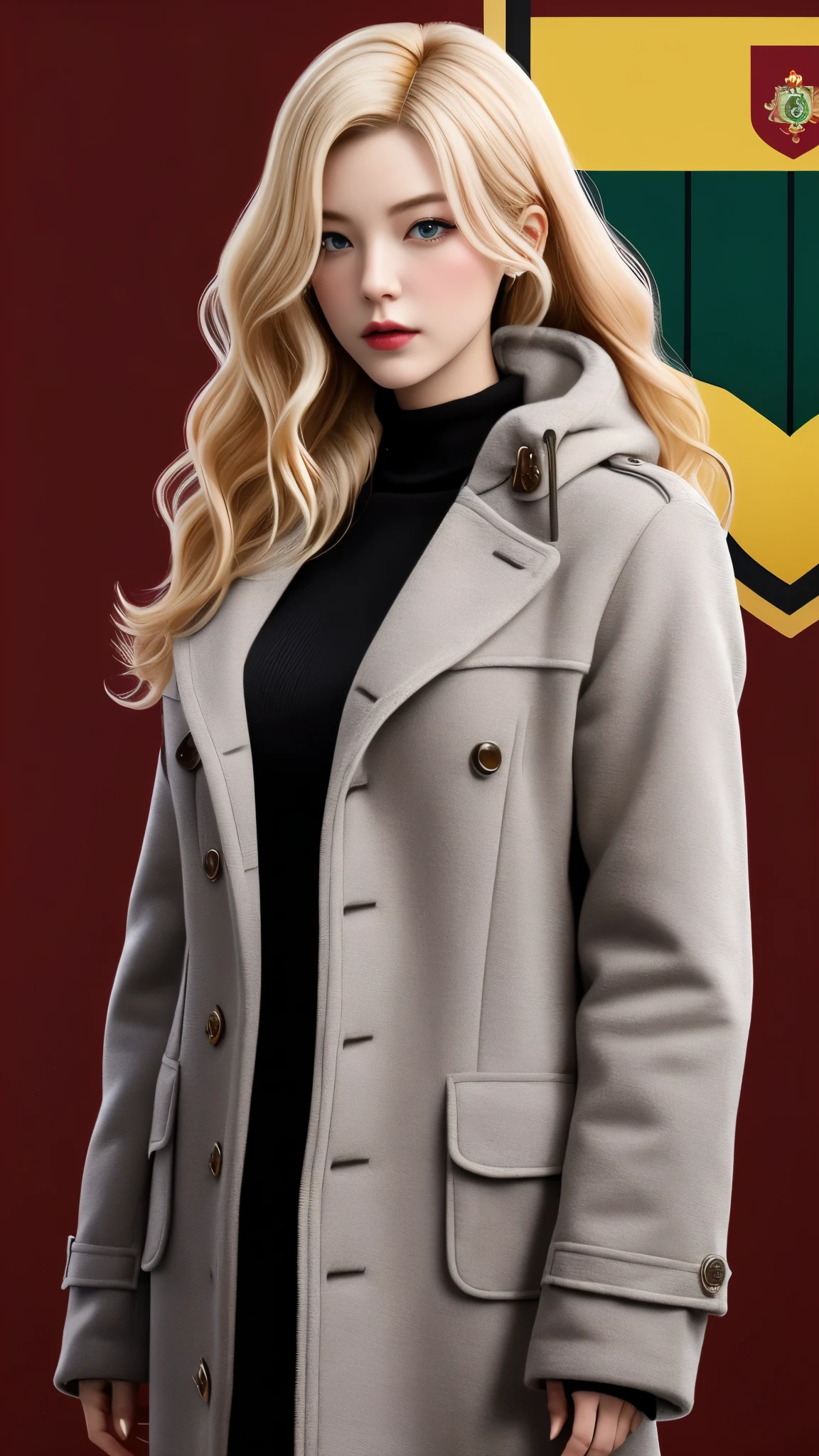 Realistic Red Sotheby Girl Photo,35 year old beautiful woman,long side waves,delicate blonde hair,cool look,background is gray,Coat of arms of the Principality of Zeon,