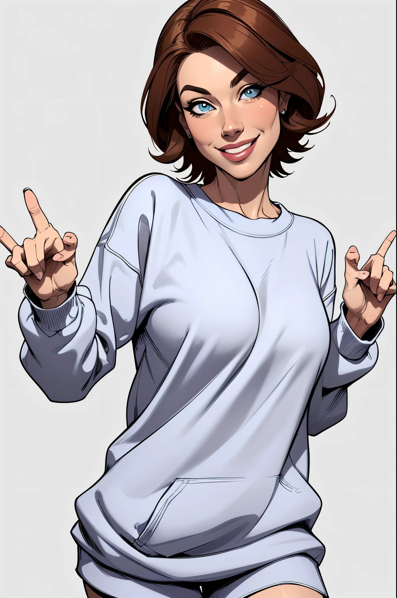 (estilo de desenho animado:1.2),  [(beatiful middle aged women]) desenho de wearing a loose oversized sweatshirt, grande sorriso, olhos perfeitos, rosto detalhado, fundo de festa, pose divertida, olhar sedutor, confete, simple white background 