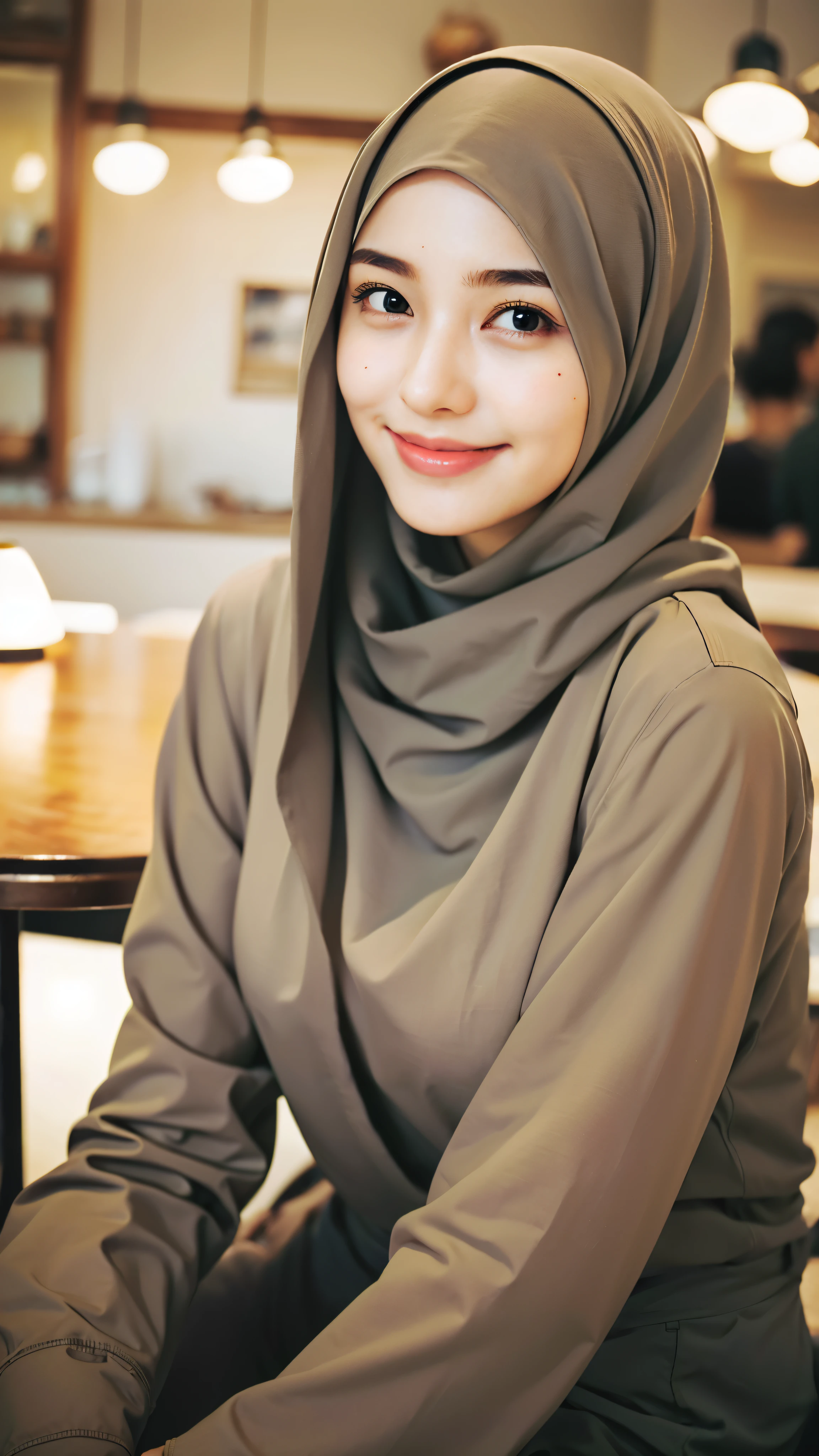 ((best quality)), ((masterpiece)), perfect face, sits in cafe, indonesia, hijab, sharp nose, smile, half body