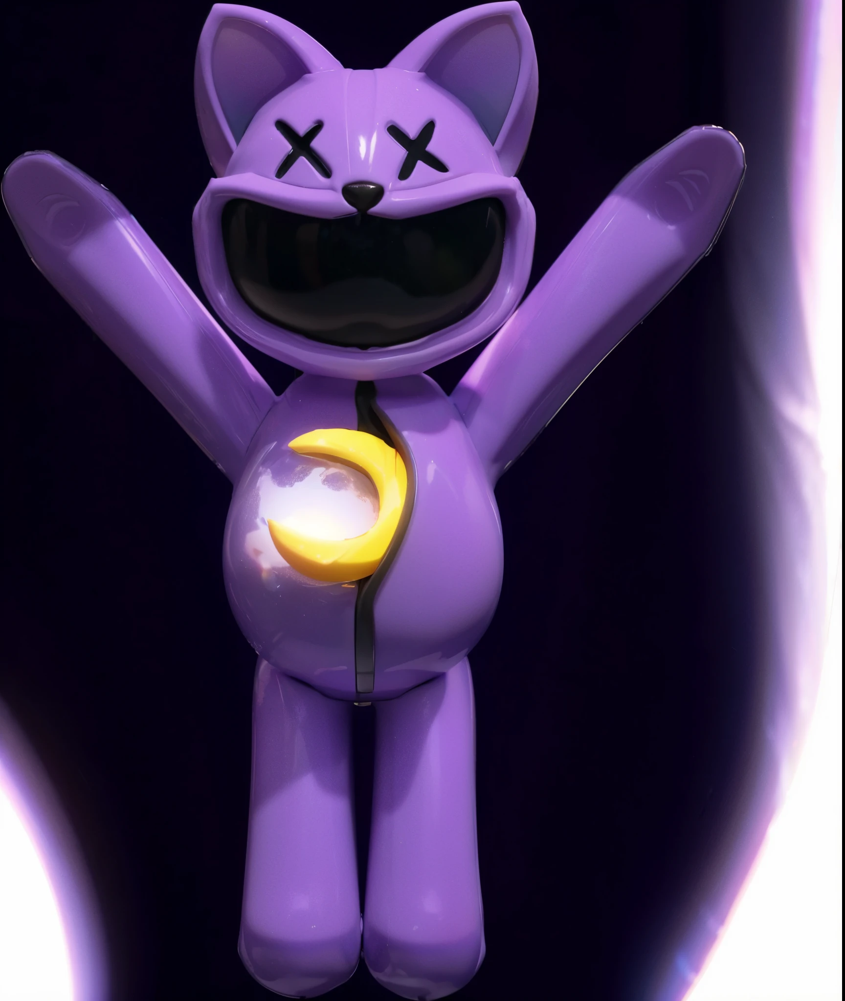 cartoon cat toy catnap, game character, videogame character, creepy cat, large creepy smile, cat toy with creepy smile, insane, cat toy, glossy texture, smooth 3d model, multiple light sources, ultra glossy texture, rim light, sharp post effects render, (glossy plastic texture with multiple big light probe refractions), perfect cgi, smooth silhouette, high intensity refraction, (super glossy material), most beautiful vfx, blue background, plastic refractions, realistic, 4k, high resolution, rim light