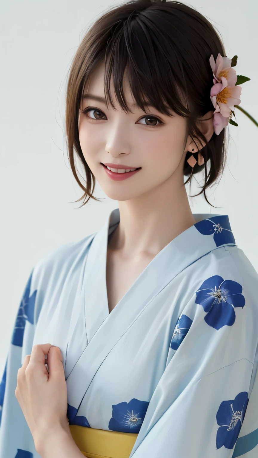 (highest quality、8k、32K、masterpiece、nffsw:1.2)、(RAW photo)、(realistic)、(Photoreal:1.2)、(High resolution)、Super detailed、very beautiful face and eyes、1 girl、round and small face、thin waist、delicate body、(close、highest quality、high detail、rich skin details)、(highest quality、8k、oil paint:1.2)、Super detailed、(realistic、realistic:1.37)、(((white background)))、((short hair))、(((pure white wall background)))、(((wearing a golden yukata)))、(((pure white wall background)))、(((floral pattern yukata)))、(((Yukata with flower pattern)))、(((short hair)))、(((laughing)))、(((touching ear with hand)))、