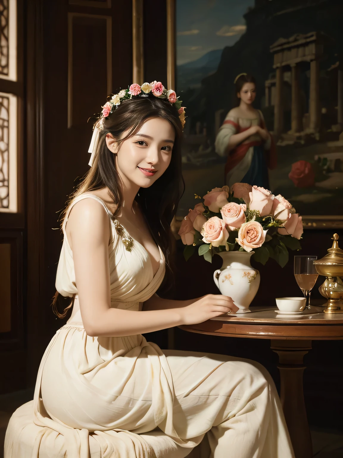 Raffaello Santi painting style,Arguments of two female 、roses in vase、fruits、Cute trinkets、smile、ancient greek costume、Woman standing on ancient Roman ruins ,A big smileare skin,