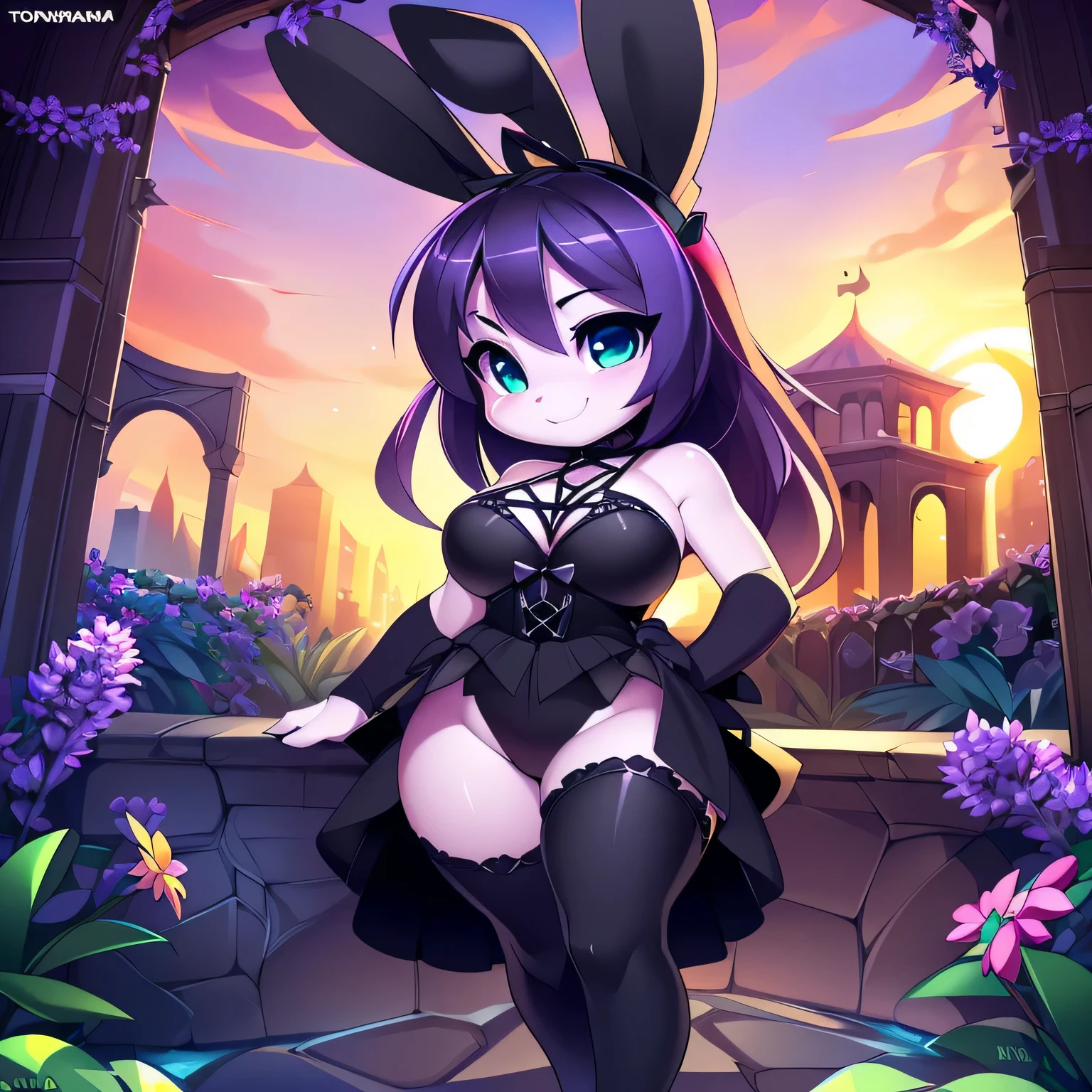 (8k, highest quality, ultra-high detail), (4k, masterpiece), volumetric lighting, ambient lighting, bloom, haunted garden, being watched, ((cute, short stack, shortstack, young, gothic bunny girl)), (lavender skin, tiny waist, large breasts), frilly black dress, thigh highs, sexy pose, seductive, (uploaded to e621, by doxy, by krokobyaka, by chromapan, by tsampikos, by slugbox, by xylas, by teranen, by zaush, by iskra),