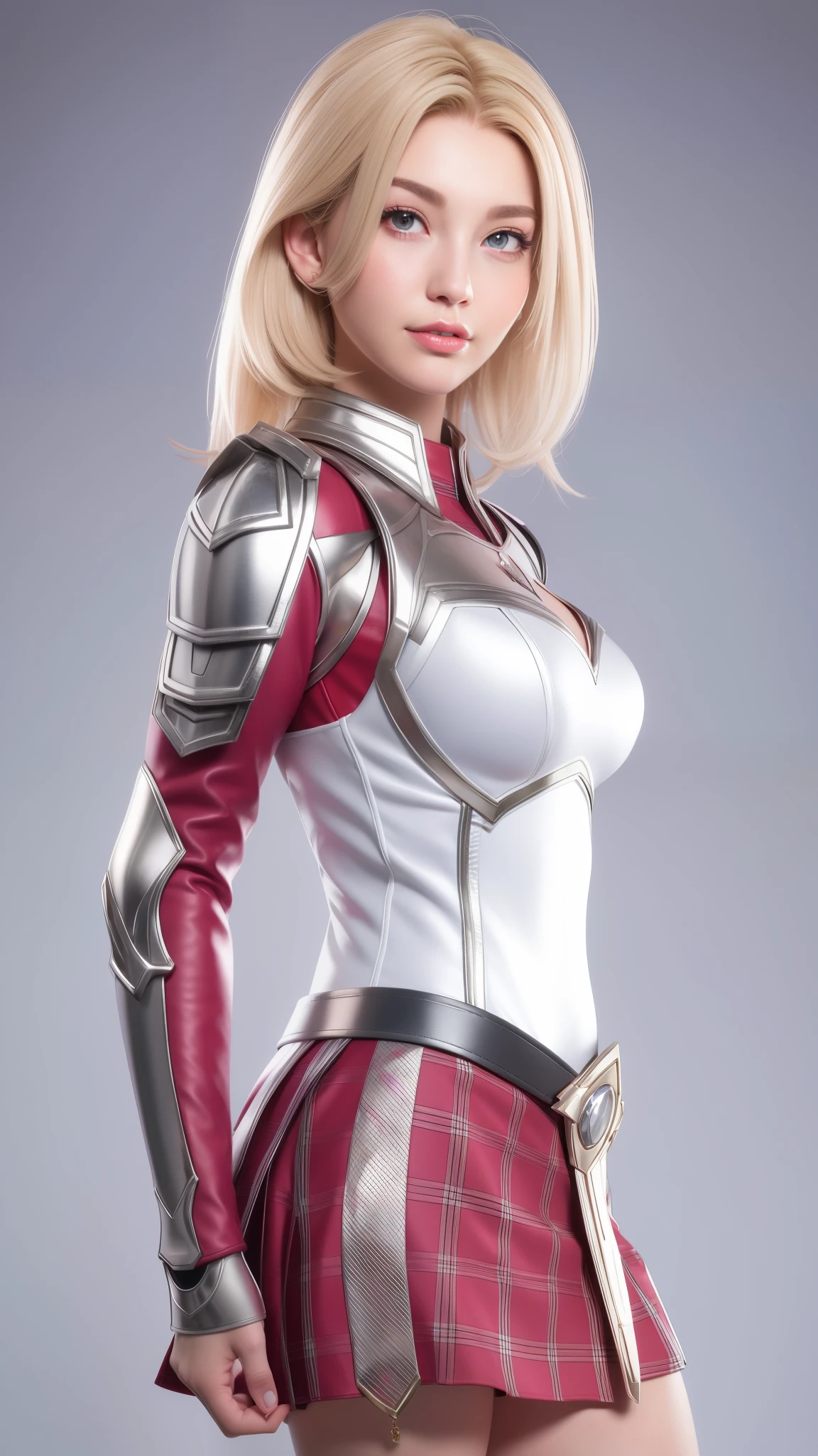 beautiful face woman、blonde、white background、 Beautiful woman、18-year-old、Beautiful woman、ultra-realistic photography、high resolution photos、Red Lipstick Andalorian Style Metal Armor Skirt Suit、Not much skin exposed、Don&#39;t cut your head off the screen、tartan check、there&#39;s pink there、facing the front
