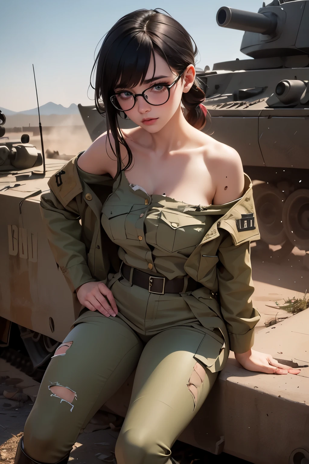 ((wide angle shot)), beautiful female veteran, black hair in a ponytail, bangs, wearing large glasses, wounds, injuries, ((wearing ww2 Oversized military uniform, Off shoulders, Distressed, worn-out)), on the ww2 battlefield