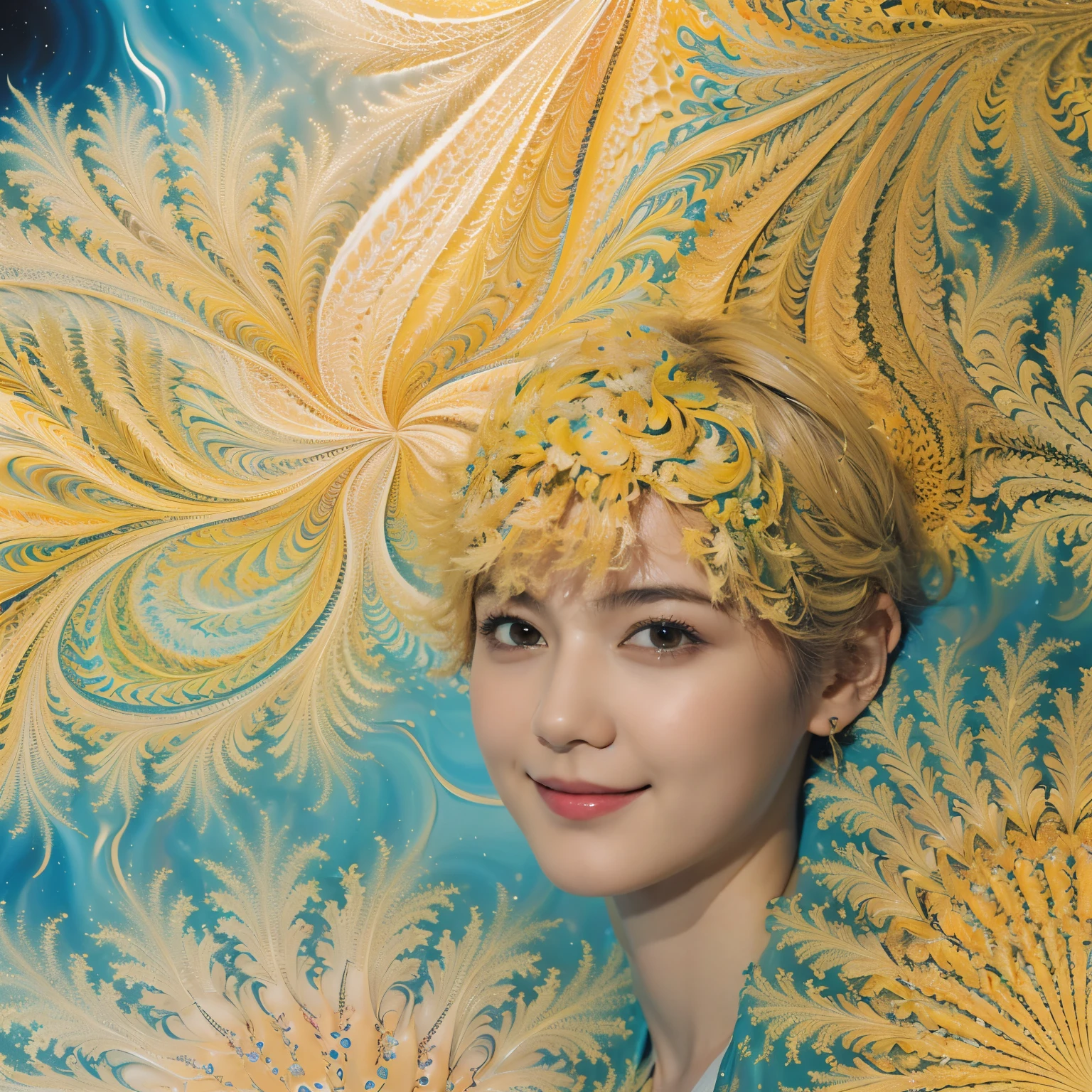 177 Short hair, 20 year old woman, gentle smile, (abstract background,fractal art:1.46)