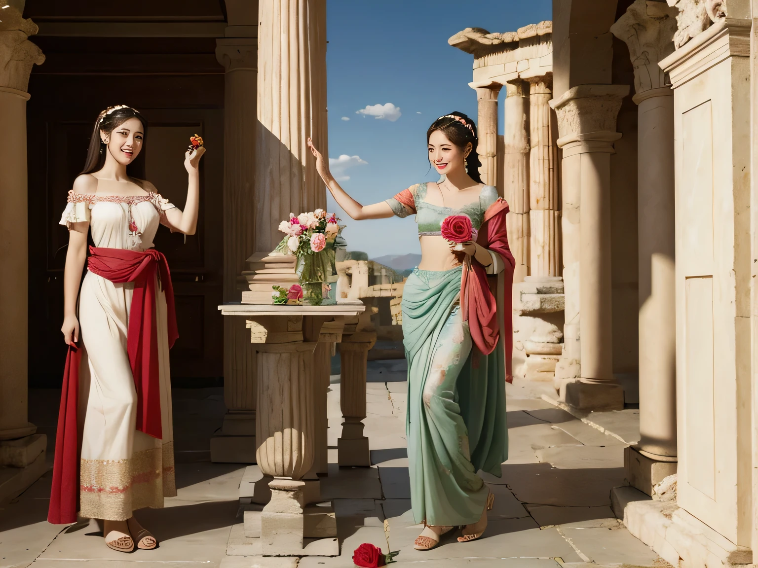 Raffaello Santi painting style,Arguments of two female 、roses in vase、fruits、Cute trinkets、smile、ancient greek costume、Woman standing on ancient Roman ruins ,A big smile