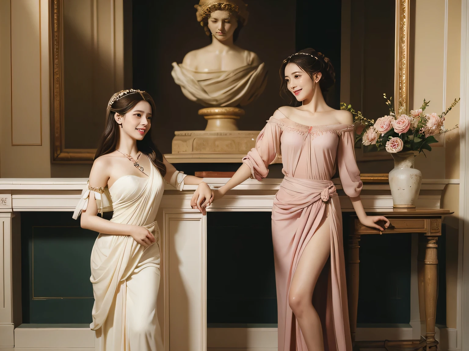 Raffaello Santi painting style,Arguments of two female 、roses in vase、fruits、Cute trinkets、smile、ancient greek costume、Woman standing on ancient Roman ruins ,A big smile