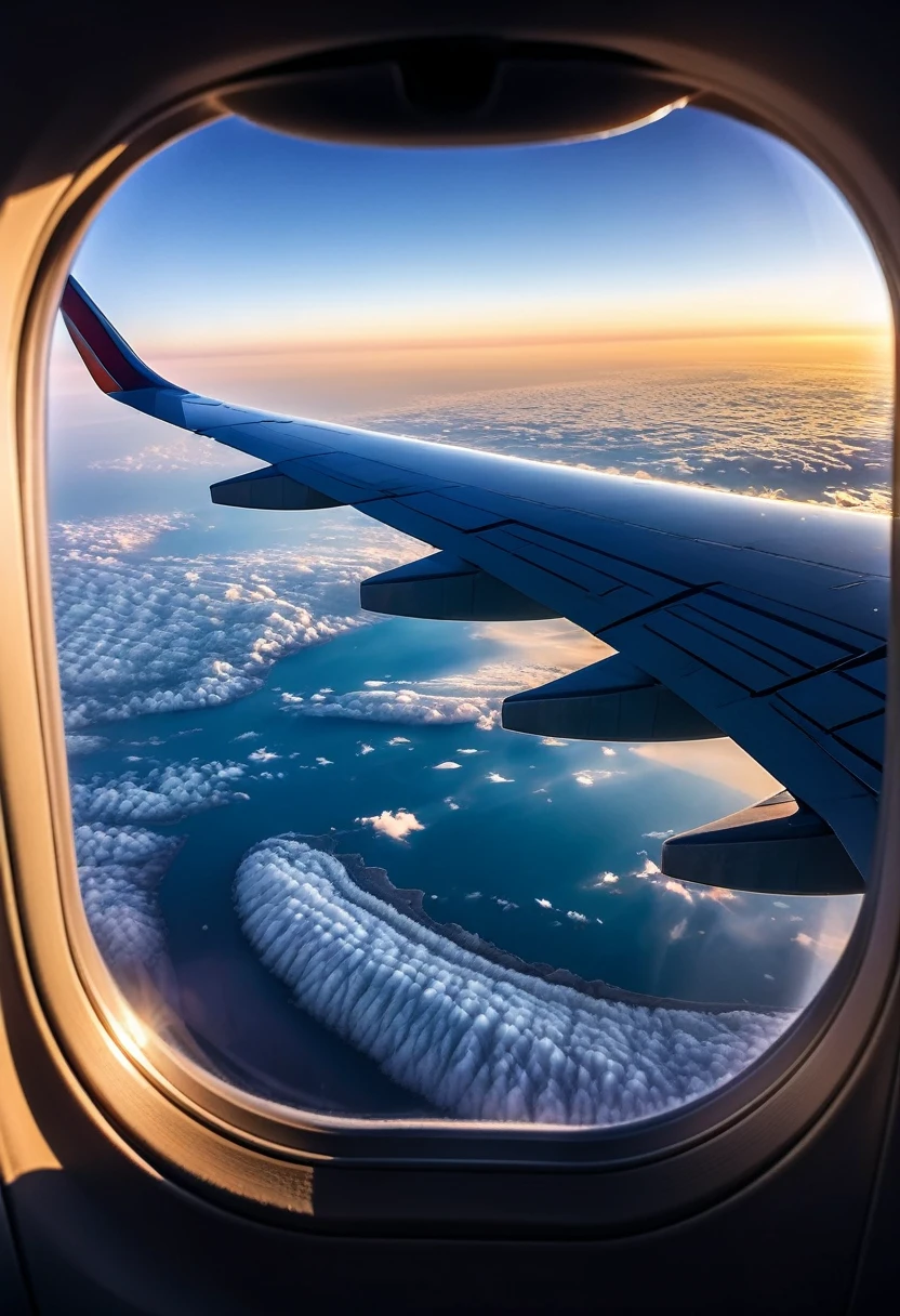Aerial View/Aerial viewing angle/aerial view. Full airplane window close-up.flight perspective.View from airplane window, stunning view, in the sky, at sunrise, up in the air, Stunning cityscape shots from above, Smartphone photos.hand holding mobile phone.Take a photo with your phone. The scenery outside the window from the plane.Obvious contrast of light and shadow.High-end and textured.half-length view , 50mm , f/1.8 , shutter speed 1/60 , ISO 50 ,Color temperature 4000k， masterpiece.first-person view