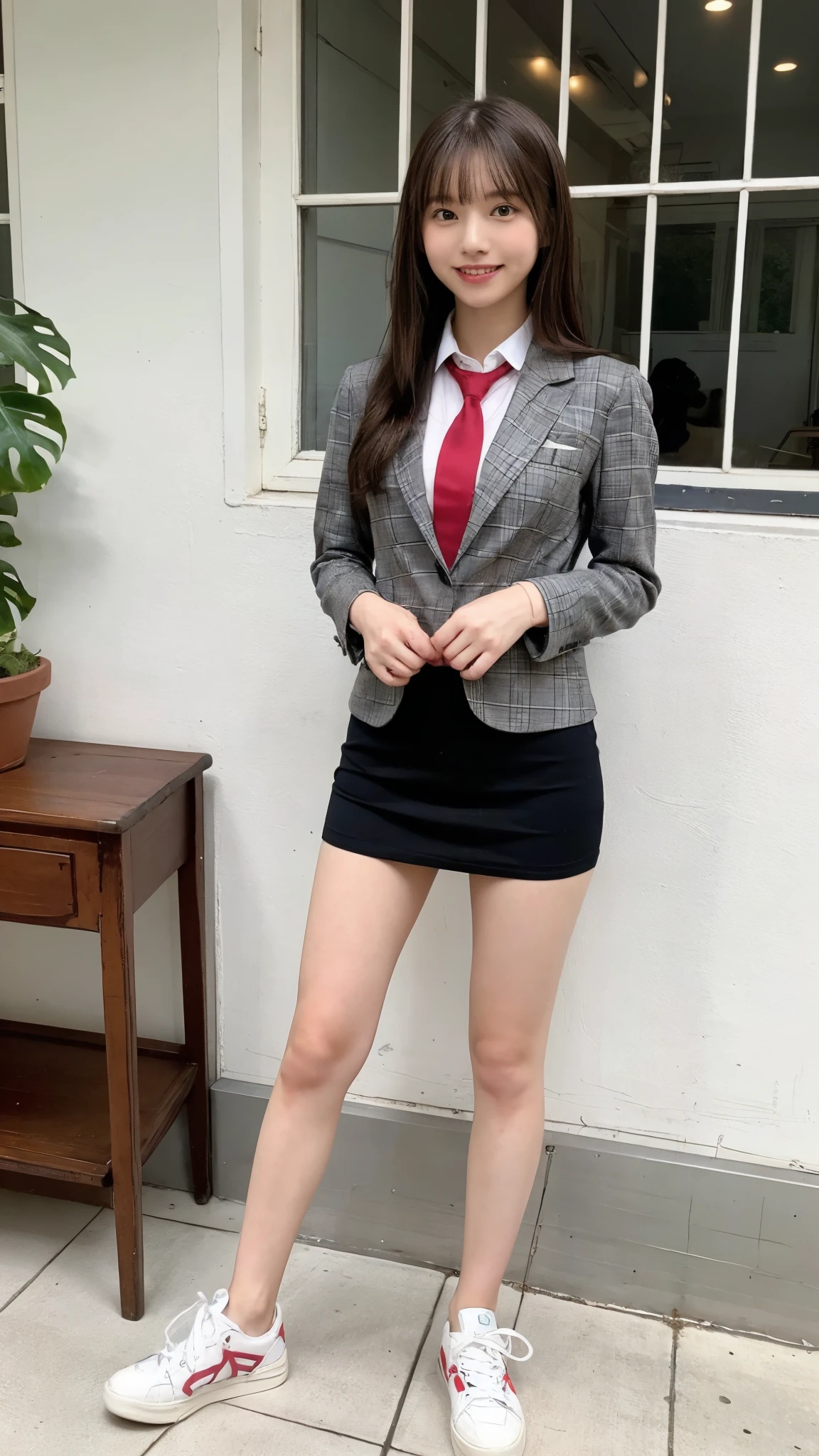学校の教室に立つ1人のpretty girl,red tie uniform,dark blue closed blazer,Blue check super super super super mini skirt,18-year-old,brown hair short cut with side waves,best smile,I can see your beautiful thighs,knees,random pose，pretty girl，slender girl，I&#39;Iは教室の机に足を開いて座っています.，Iの肌は美しいです，Wear cute sneakers，natural makeup，