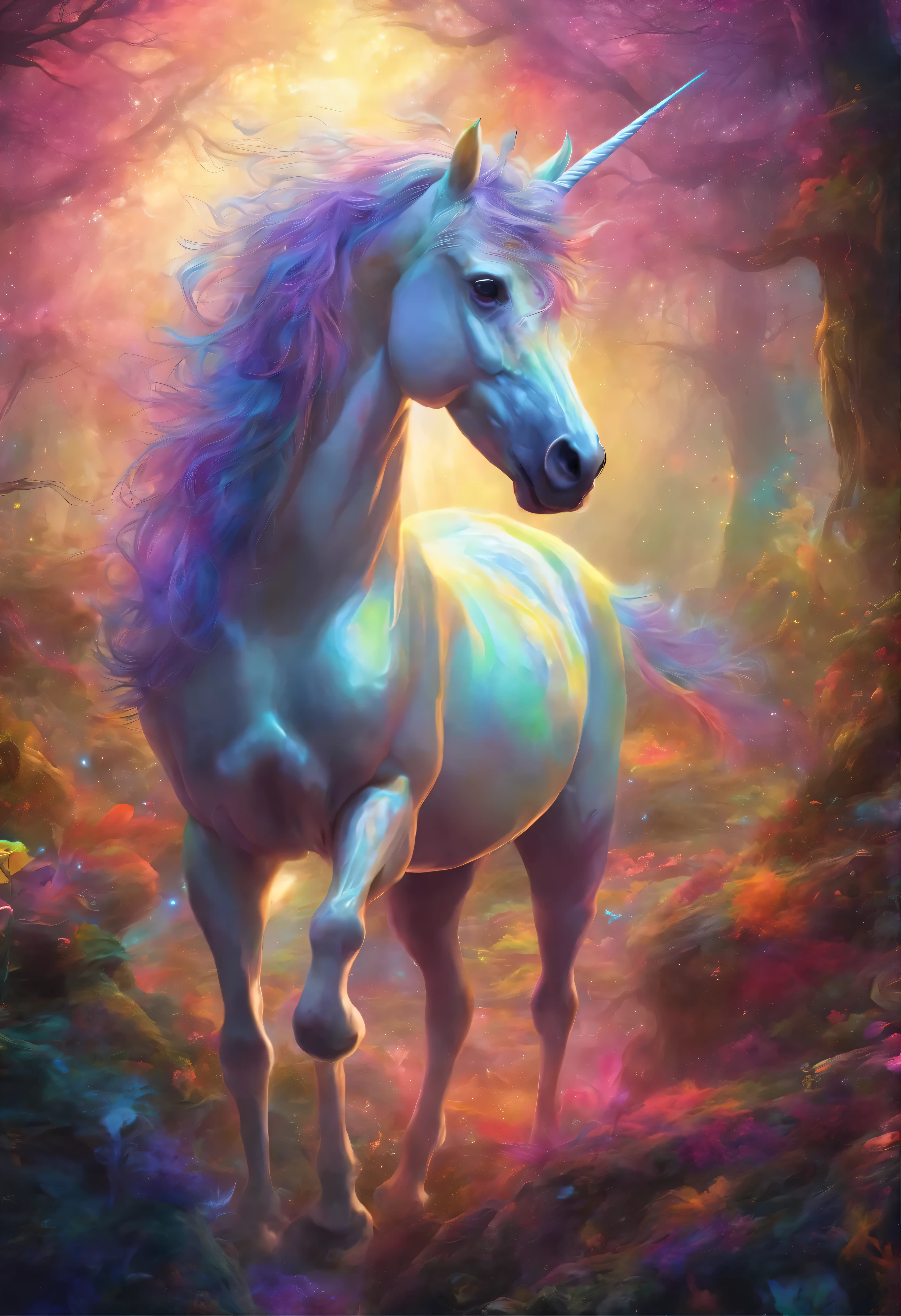 Fantasie-Regenbogen-Einhorn,Frontale Nahaufnahme,Fantasy-Wald-Hintergrund,mist,Akribische Darstellung,Rich details,Fantasieexplosion,hyperrealistisch,super realistisch,Meisterwerk,8k,Licht,Tyndall-Effekt