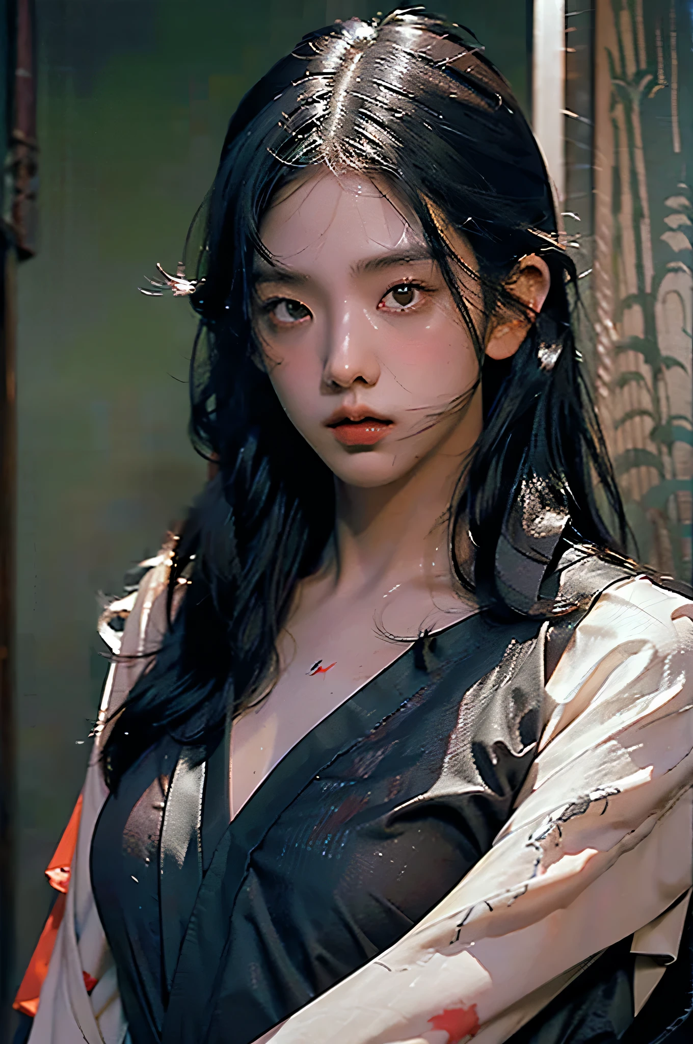 (RAW photo, 4k, realistic, exquisitely detailed skin), masterpiece, best quality, official art, unity 8k wallpaper, ultra detailed,(dark scene,low key,soft lighting:1.3), cinematic look,high saturation,best anatomy,volumetric fog,
a samurai girl, slim body, sexy, charming, seductive,cowboy shot,
1girl,weapon,sword,long hair,black hair,holding,solo,holding weapon,blood,holding sword,arm guards,simple background,blood on weapon,looking at viewer,black eyes,tabi,black hair, messy long hair
vivid illumination,
harmonious composition,
enchanting elegance, 
atmospheric depth,
cinematic lighting,
immersive atmosphere,
exceptional detail,
(stunning visuals),