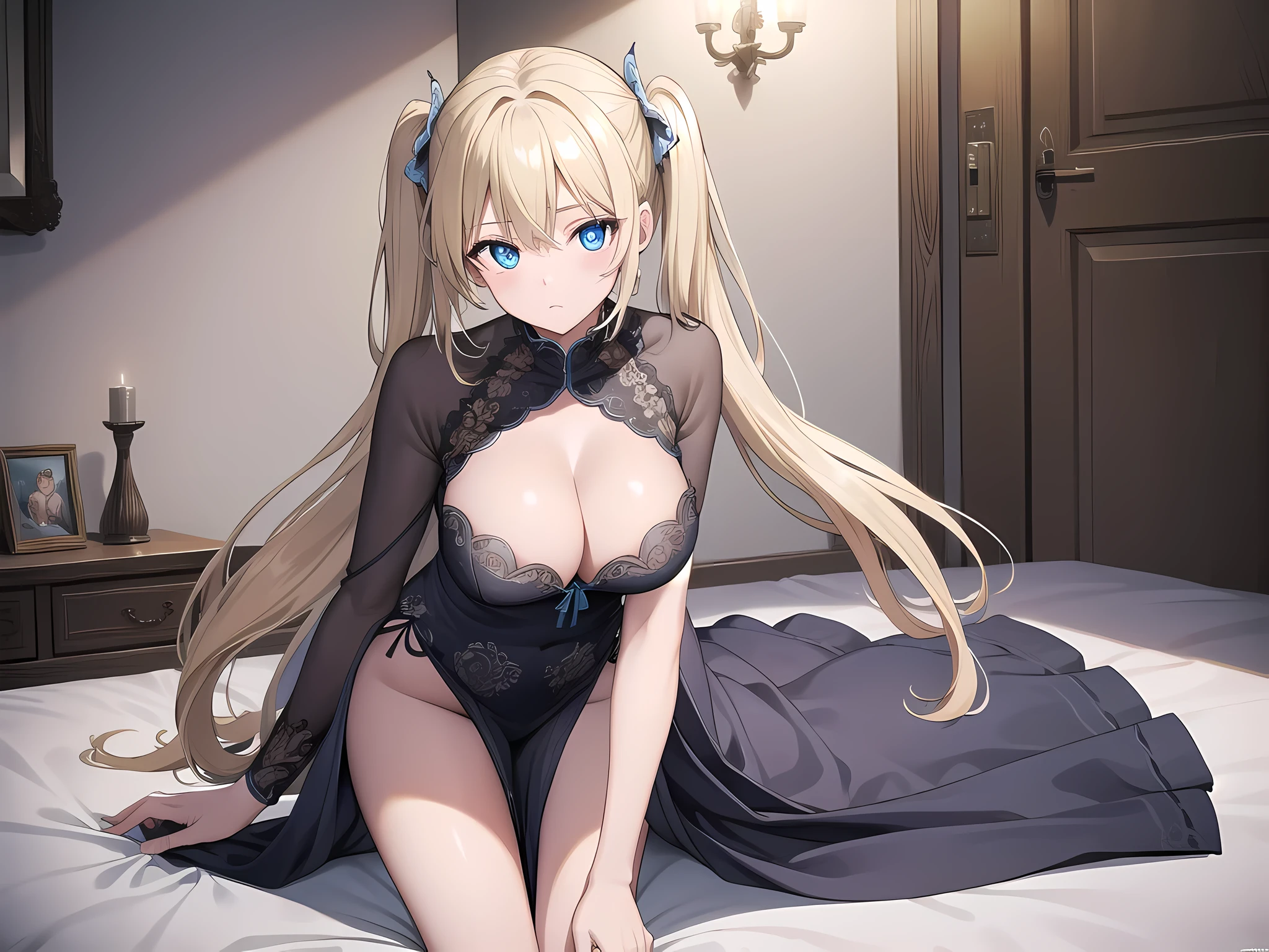 1 girl, kneeling on floor, long hair, bangs, blue eyes, hair between eyes, blonde hair, twintail, wearing  clothes, big , cleavage, BREAK indoors, bed, BREAK looking at viewer, (cowboy shot:1.5), BREAK (masterpiece:1.2), best quality, high resolution, unity 8k wallpaper, (illustration:0.8), (beautiful detailed eyes:1.6), extremely detailed face, perfect lighting, extremely detailed CG, (perfect hands, perfect ), full body illustration