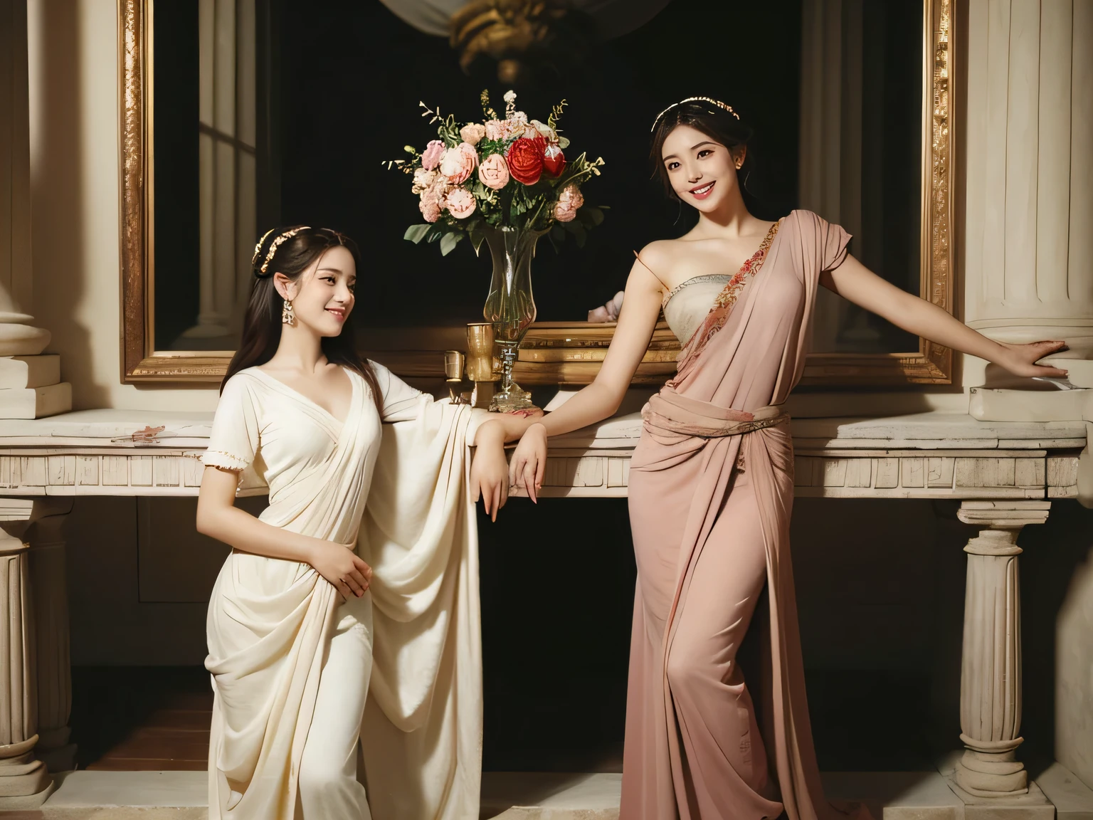 Raffaello Santi painting style,Arguments of two female 、roses in vase、fruits、Cute trinkets、smile、ancient greek costume、Woman standing on ancient Roman ruins ,A big smile