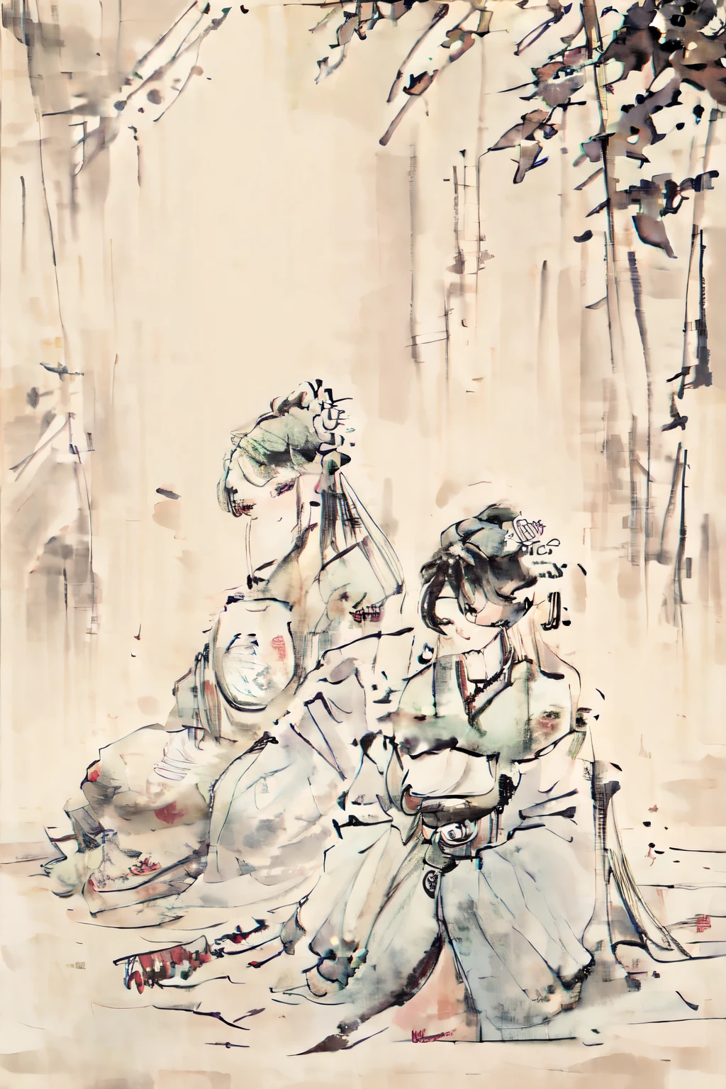 (best quality,highres,masterpiece:1.2),traditional Chinese ink painting,2 ancient male figures,famous,literati,poets,sitting on the ground,facing each other,raising their cups for a toast,drinking wine,Tang Dynasty costumes,landscape painting,mountain flowers,bamboo leaves,8k