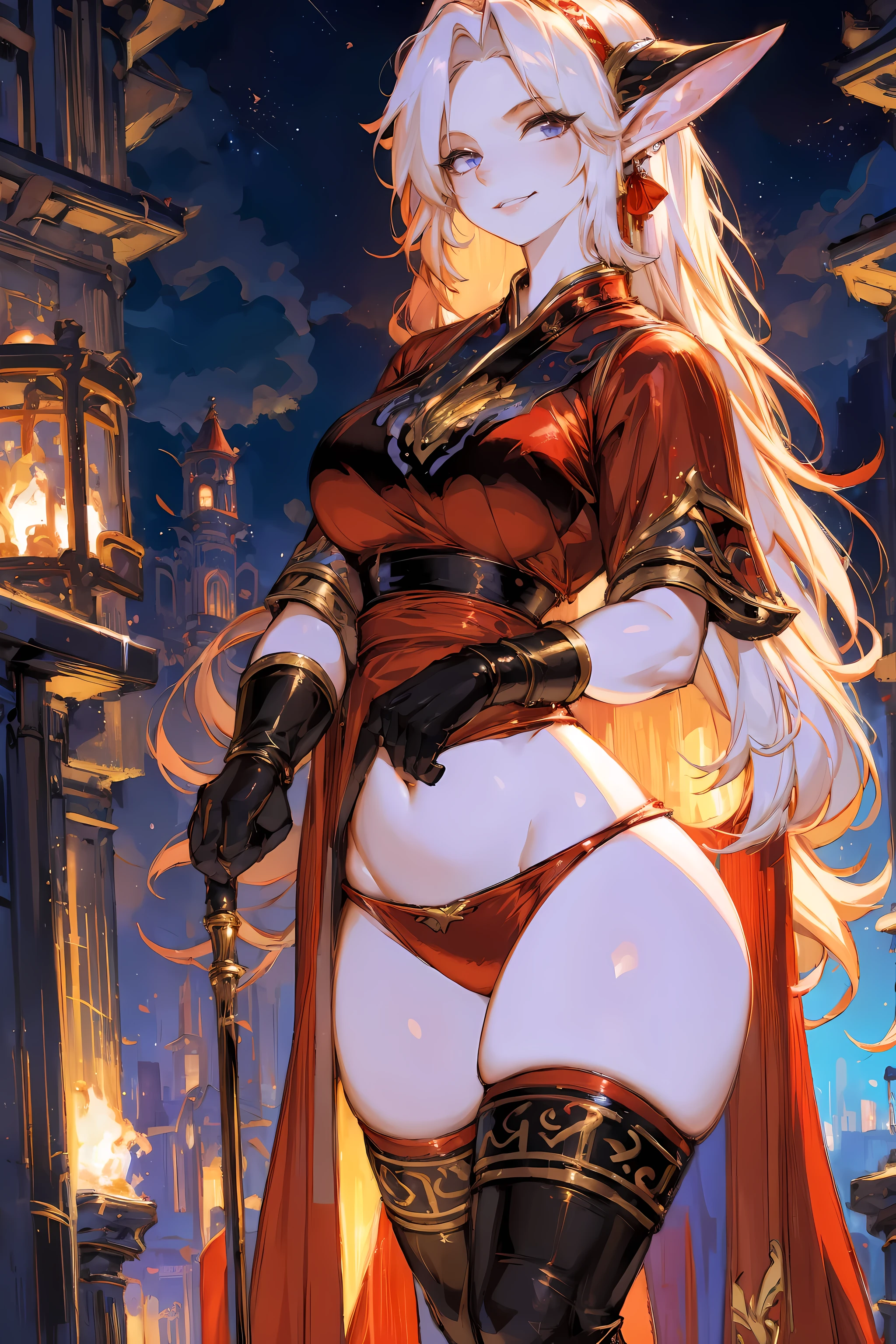 (best quality,4k,8k,high resolution,masterpiece:1.2), Super detailed, (actual,photoactual,photo-actual:1.37), portrait, landscape, high dynamic range, bright colors, soft light, magic, traditional, for real, 3d rendering, red cheongsam:1.5, hourglass figure, long pointed ears:1.1, ethereal, Breeze, red robe, black lace gloves, charming smile