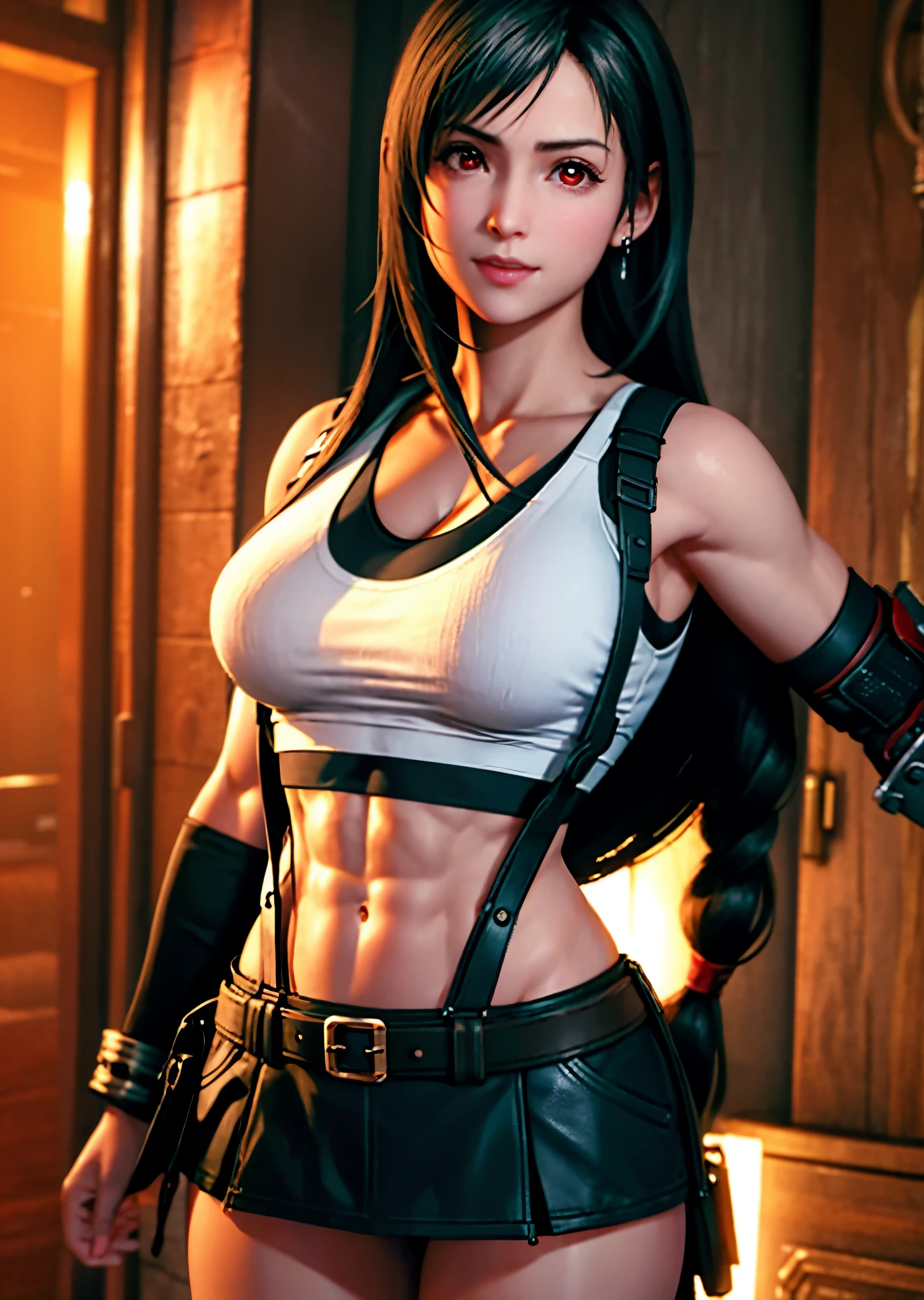 (realistic: 1.4), highest quality, very delicate and beautiful, High resolution, 1 girl, Tifa_lock heart, smile, cowboy shot, suspenders, low rise, mini skirt, Tank top, nervous shirt, black hair, long hair, elbow bag, beautiful detailed red eyes, face light, movie lighting, belly button, High exposure, exposure of the abdomen, rib, abs, big breasts, dynamic pose, dynamic angle, (abs:1.3), (muscular:1.5), crouching, side