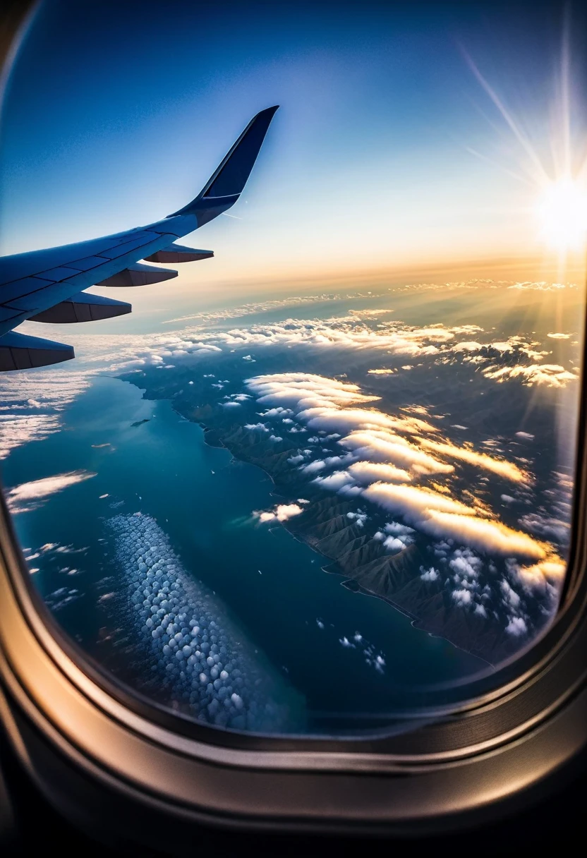 Aerial View/Aerial viewing angle/aerial view. Full airplane window close-up.flight perspective.View from airplane window, stunning view, in the sky, at sunrise, up in the air, Stunning cityscape shots from above, Smartphone photos.hand holding mobile phone.Take a photo with your phone. The scenery outside the window from the plane.Obvious contrast of light and shadow.High-end and textured.half-length view , 50mm , f/1.8 , shutter speed 1/60 , ISO 50 ,Color temperature 4000k， masterpiece.first-person view