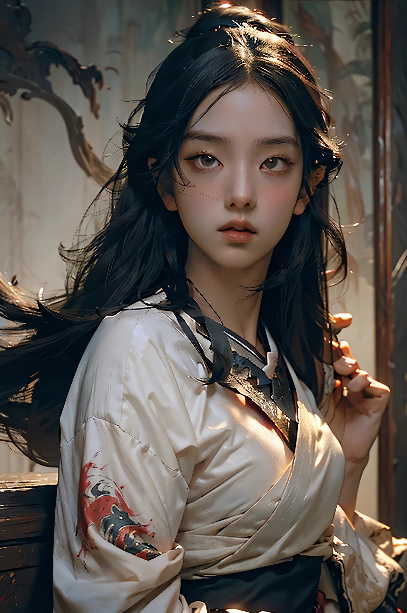 (RAW photo, 4k, realistic, exquisitely detailed skin), masterpiece, best quality, official art, unity 8k wallpaper, ultra detailed,(dark scene,low key,soft lighting:1.3), cinematic look,high saturation,best anatomy,volumetric fog,
a samurai girl, slim body, sexy, charming, seductive,cowboy shot,
1girl,weapon,sword,long hair,black hair,holding,solo,holding weapon,blood,holding sword,arm guards,simple background,blood on weapon,looking at viewer,black eyes,tabi,black hair, messy long hair
vivid illumination,
harmonious composition,
enchanting elegance,
atmospheric depth,
cinematic lighting,
immersive atmosphere,
exceptional detail,
(stunning visuals),