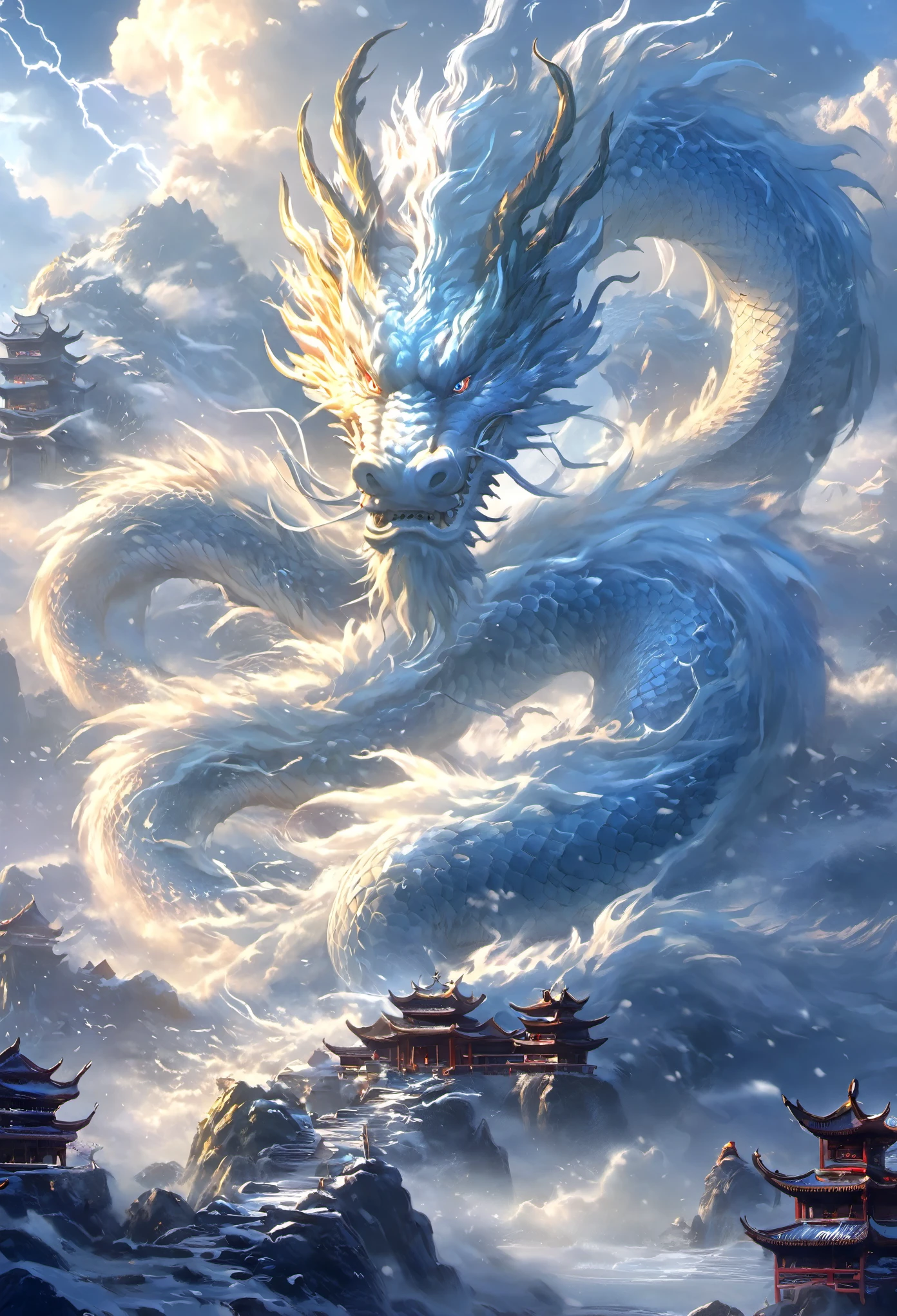 arian landscape,in fantasy world,Chinese traditional architecture, dragon,snow,cloud,Ocean,Sky,Mountain, thunder,{One head}
