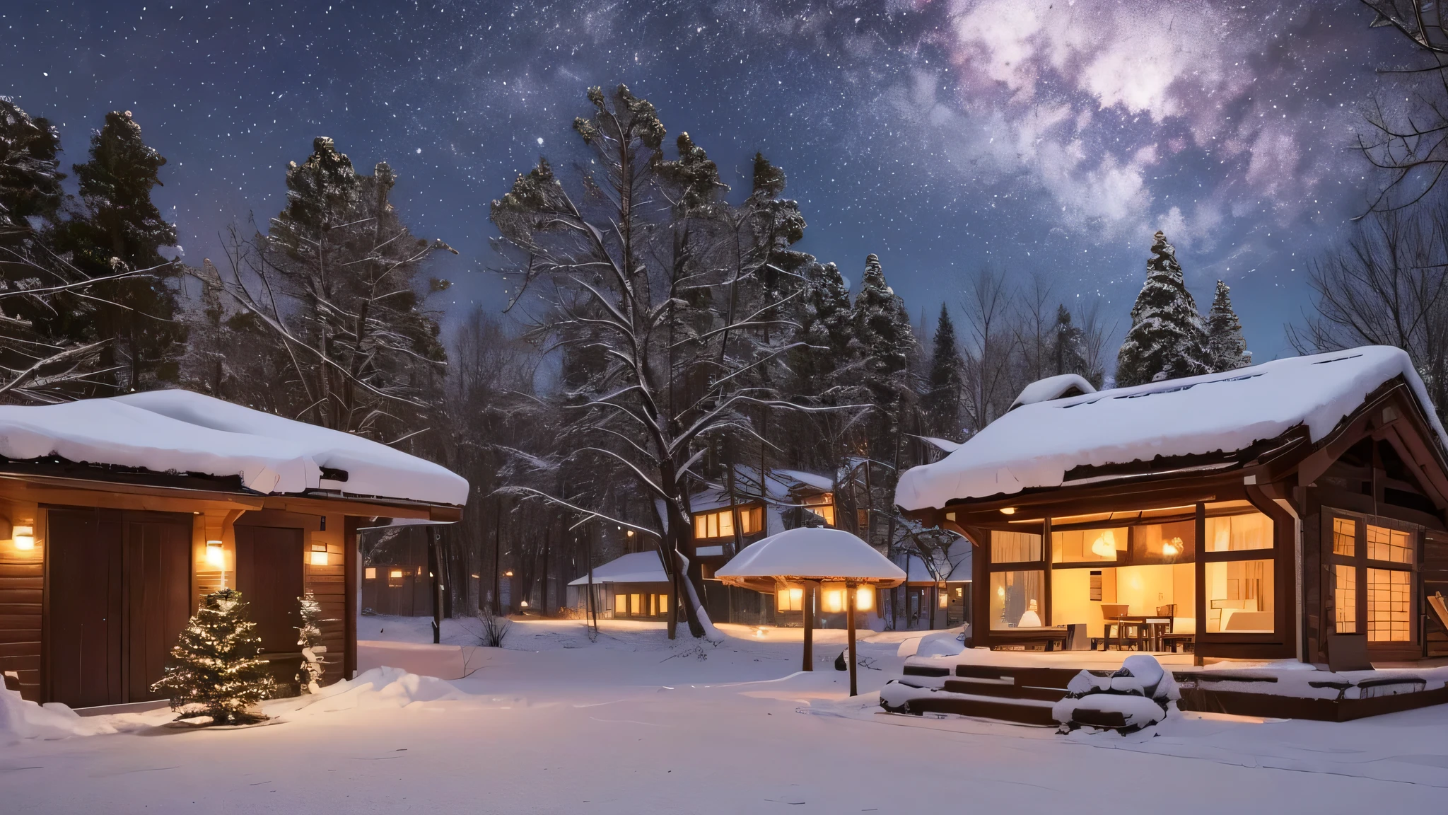 There is a fireplace in the room、The fireplace in the room has a chimney, But I can only see halfway.、Room table、sofa、There is a chair、There is a steaming cup of coffee on the table.、The room has a large window.、I can see the scenery outside.、that&#39;It&#39;s snowing outside、Shining reflecting the moonlight.、