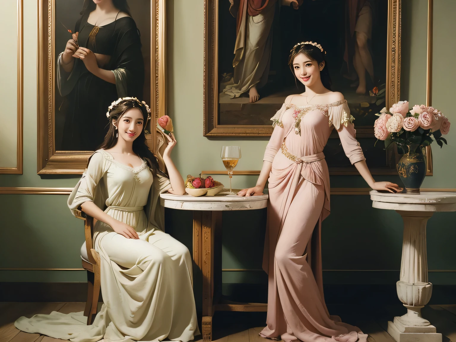 Raffaello Santi painting style,Arguments of two female 、roses in vase、fruits、Cute trinkets、smile、ancient greek costume、Woman standing on ancient Roman ruins ,A big smile