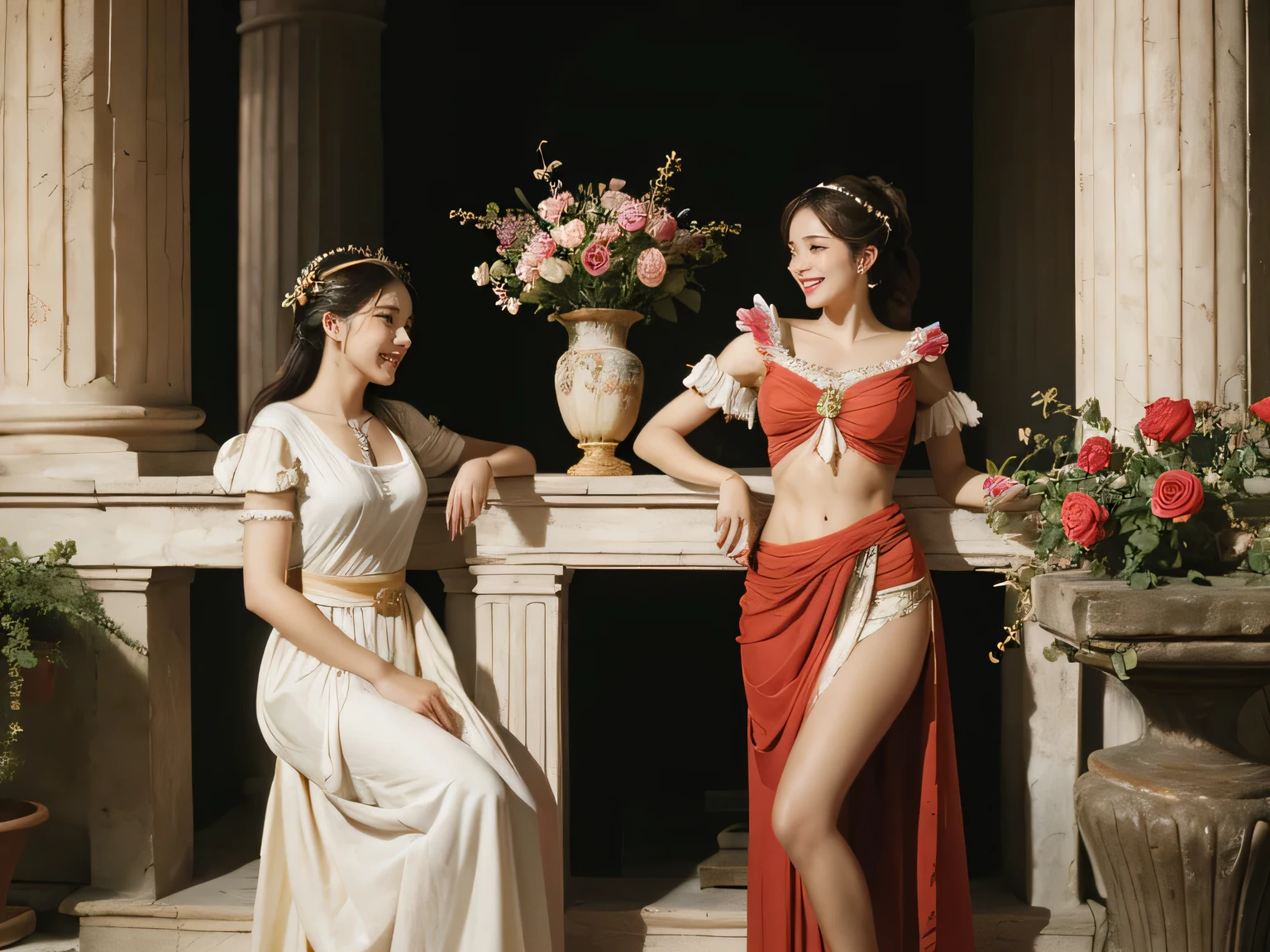 Raffaello Santi painting style,Arguments of two female 、roses in vase、fruits、Cute trinkets、smile、ancient greek costume、Woman standing on ancient Roman ruins ,A big smile