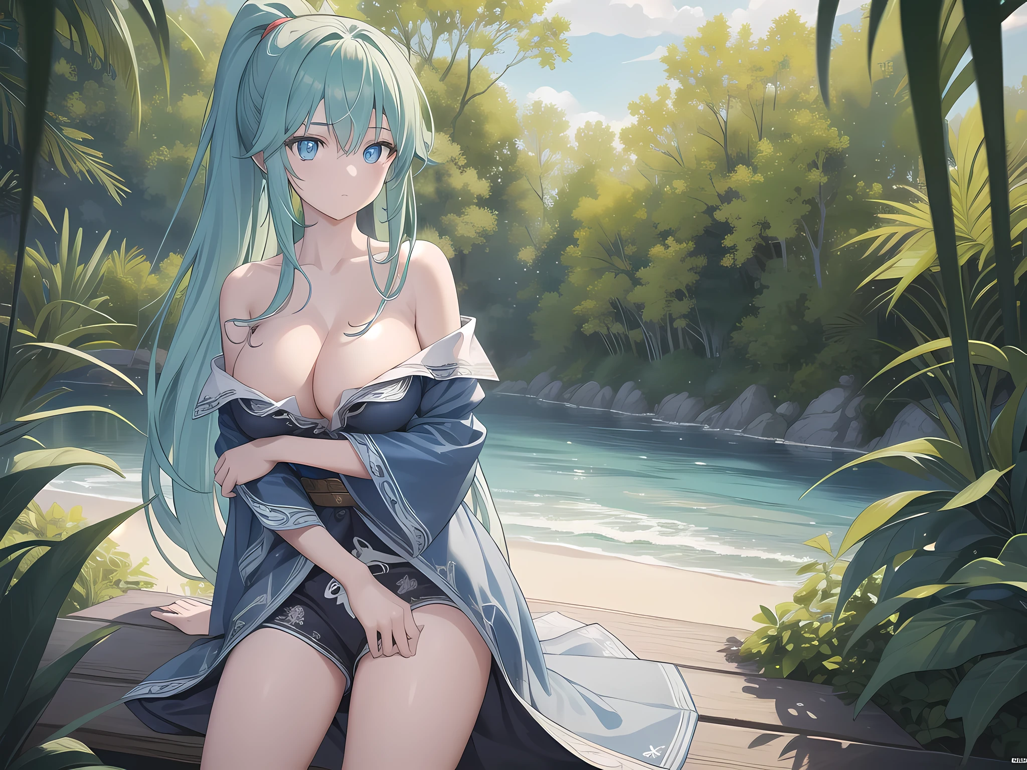 1 girl, sitting in the floor and hugging own legs, long hair, blue eyes, hair between eyes, green hair, ponytail, wearing lingerine, big breast, cleavage, outdoor, beach, looking at viewer, (cowboy shot:1.5), (masterpiece:1.2), best quality, high resolution, unity 8k wallpaper, (illustration:0.8), (beautiful detailed eyes:1.6), extremely detailed face, perfect lighting, extremely detailed CG, (perfect hands, perfect anatomy), full-body illustration
